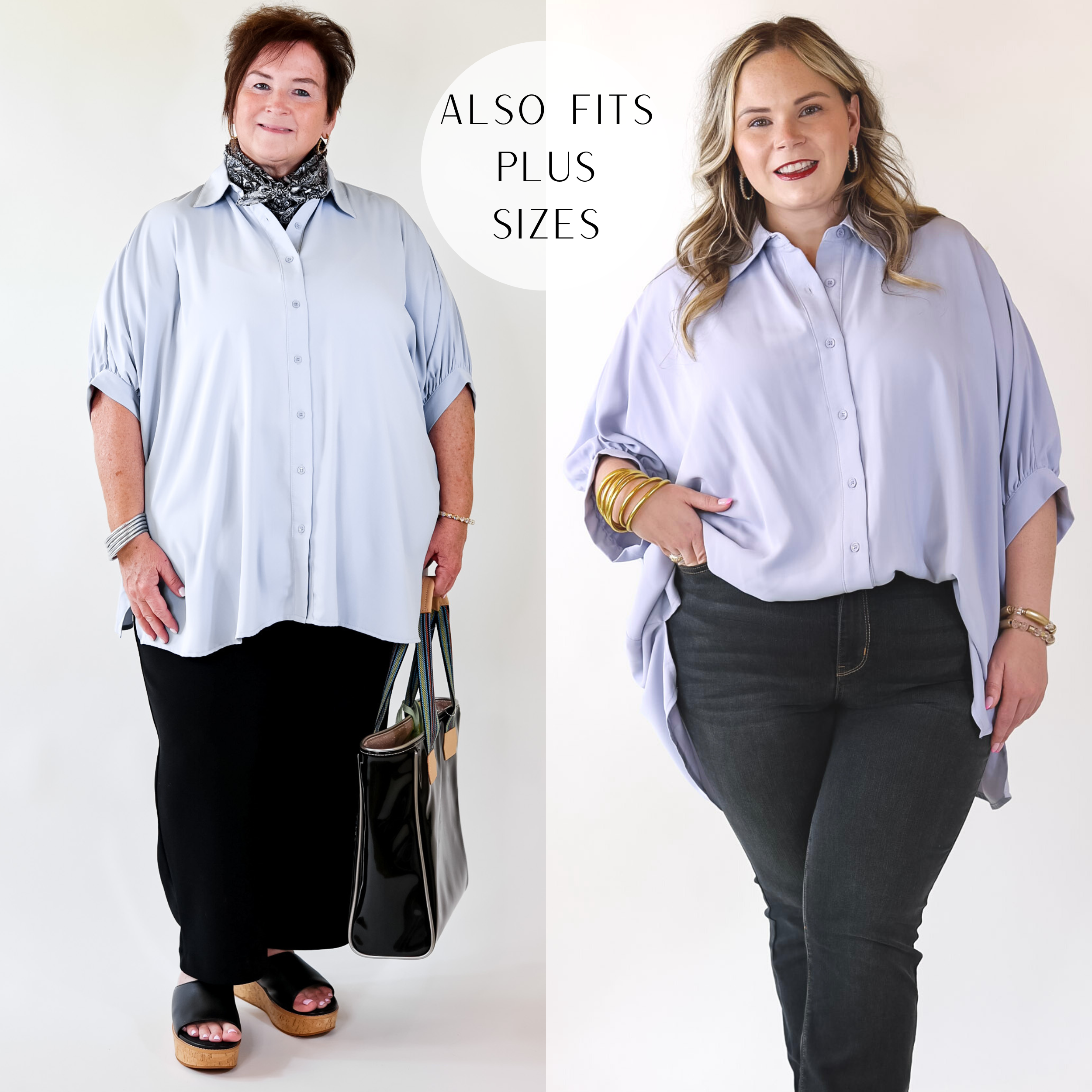 City Lifestyle Button Up Half Sleeve Poncho Top in Light Blue