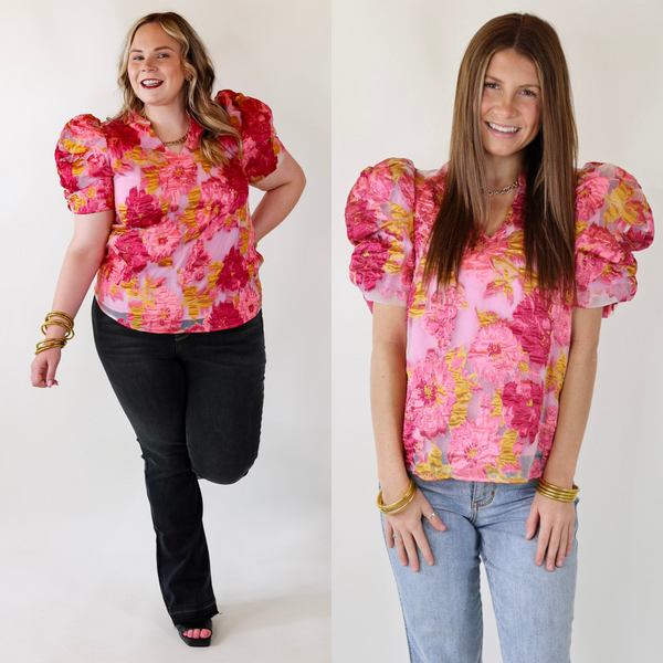 A Fine Feeling Floral Print Top with Puffed Sleeves in Pink