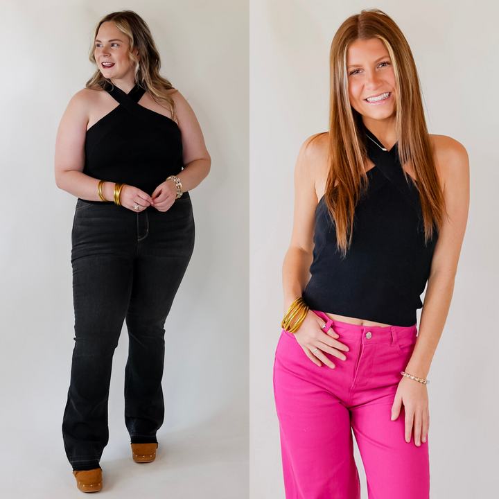 Talk To Me Crossed Strap Top in Black - Giddy Up Glamour Boutique