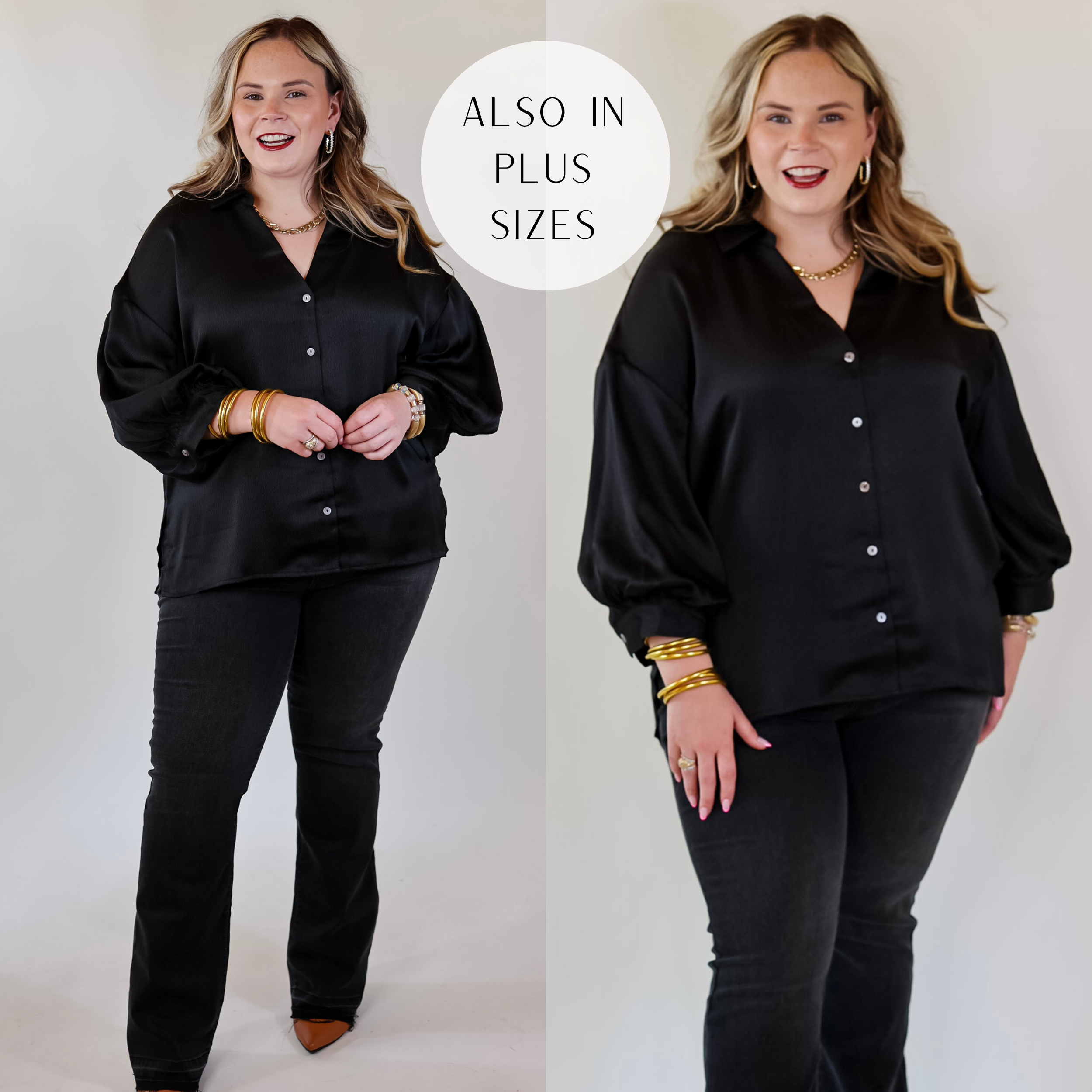 Sweet Notion Button Up 3/4 Balloon Sleeve Top in Black