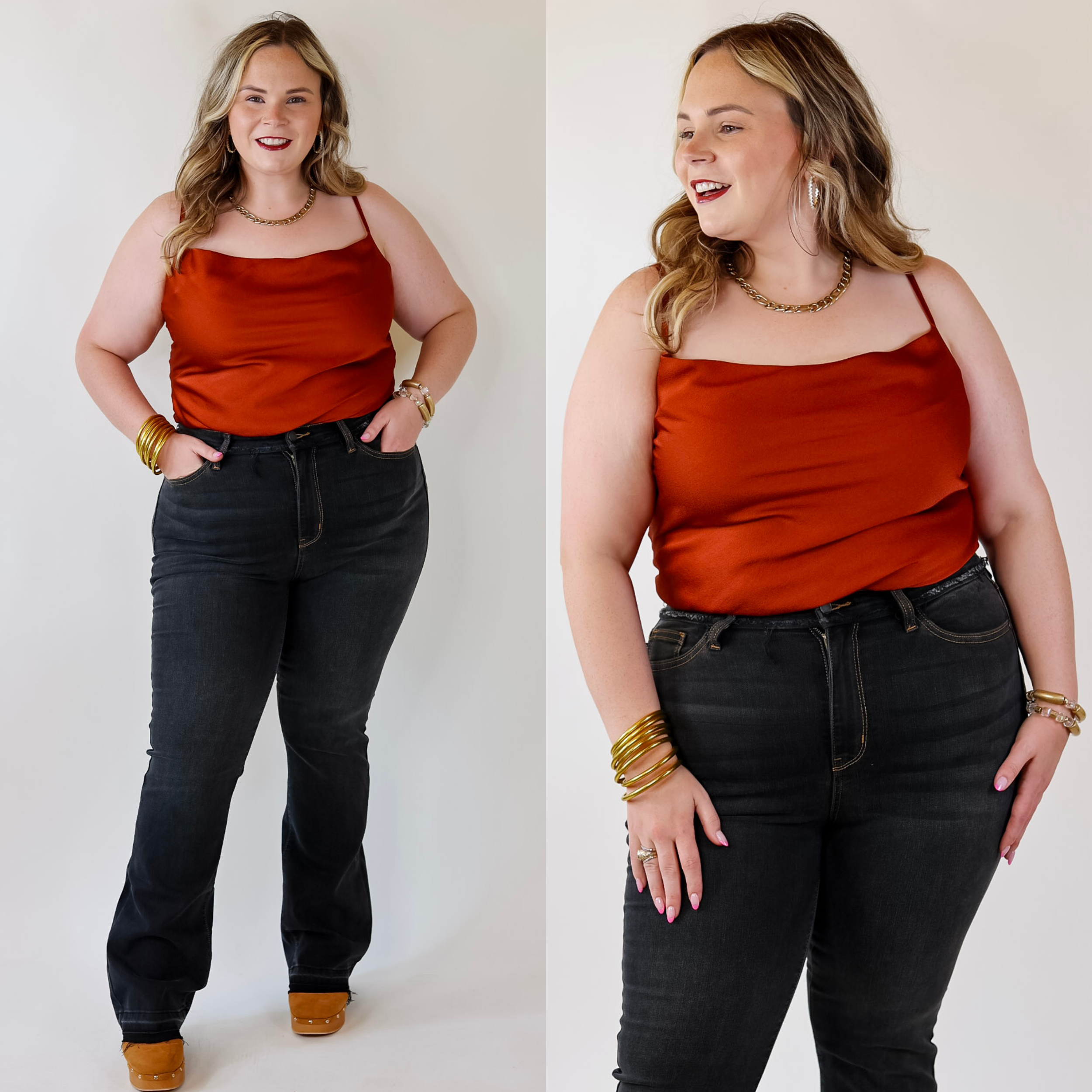 Fall Fields Crepe Cowl Neck Bodysuit with Spaghetti Straps in Rust Red - Giddy Up Glamour Boutique