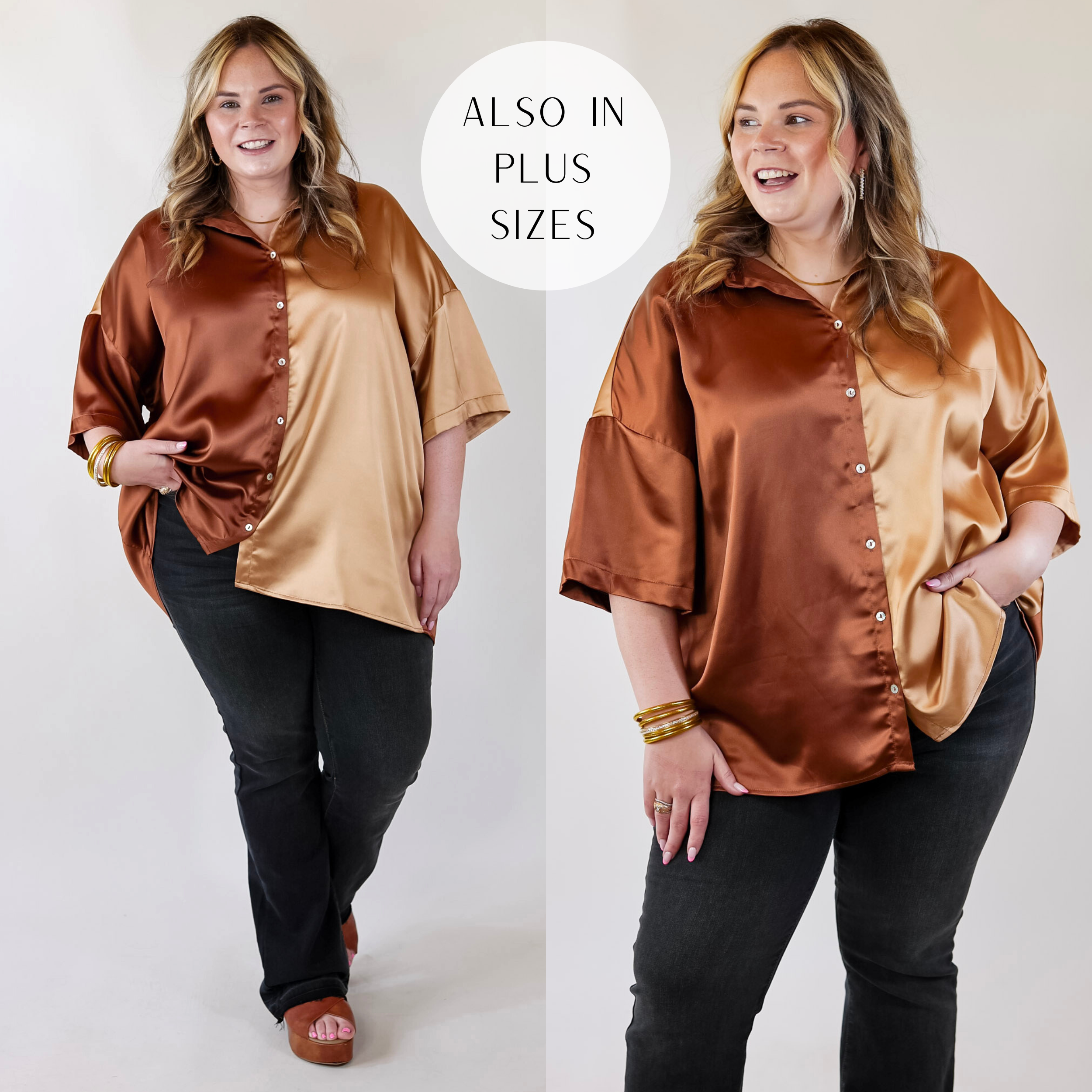 Meant To Be Happy Button Up Color Block Satin Top in Brown Mix - Giddy Up Glamour Boutique