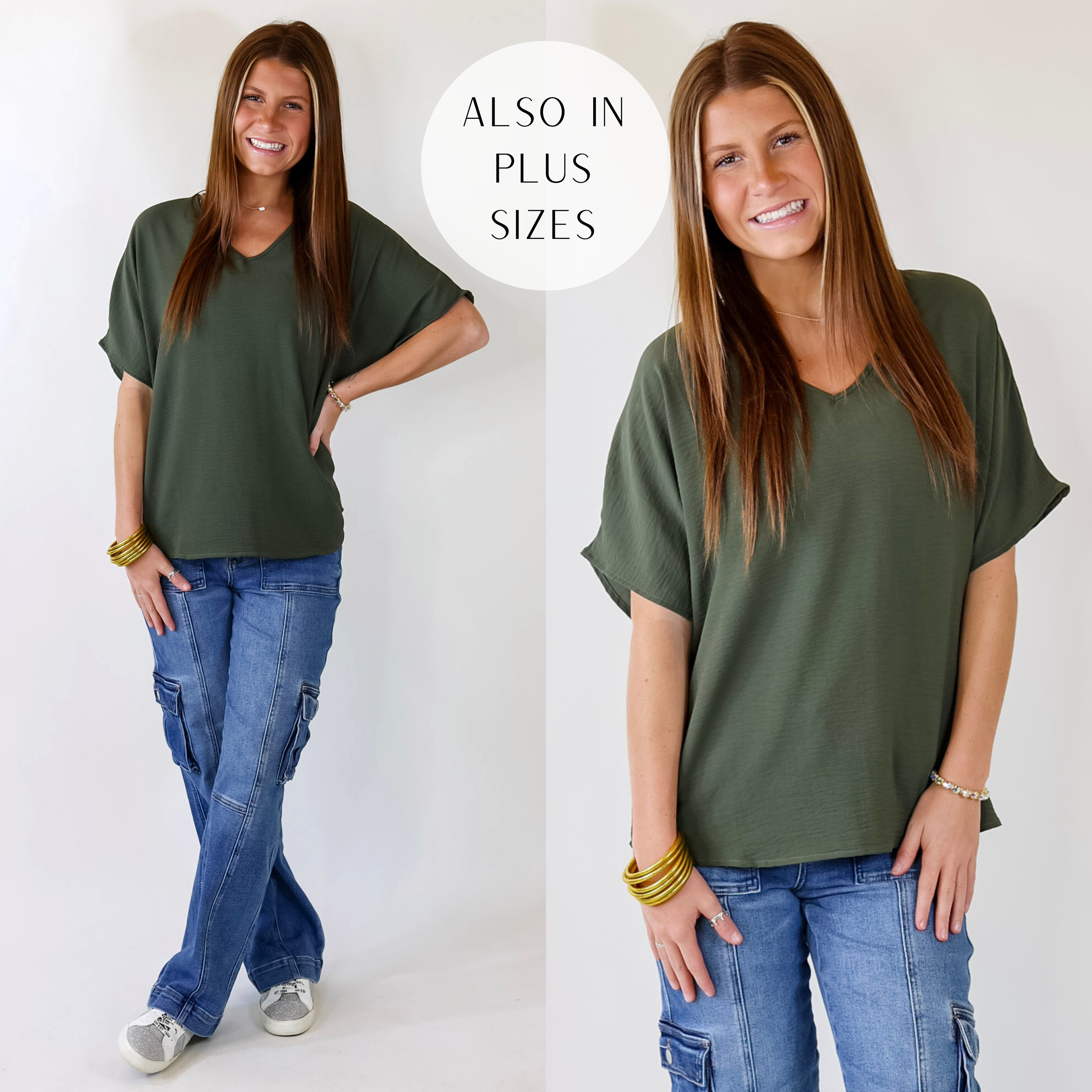 Lovely Dear V Neck Short Sleeve Solid Top in Olive Green - Giddy Up Glamour Boutique
