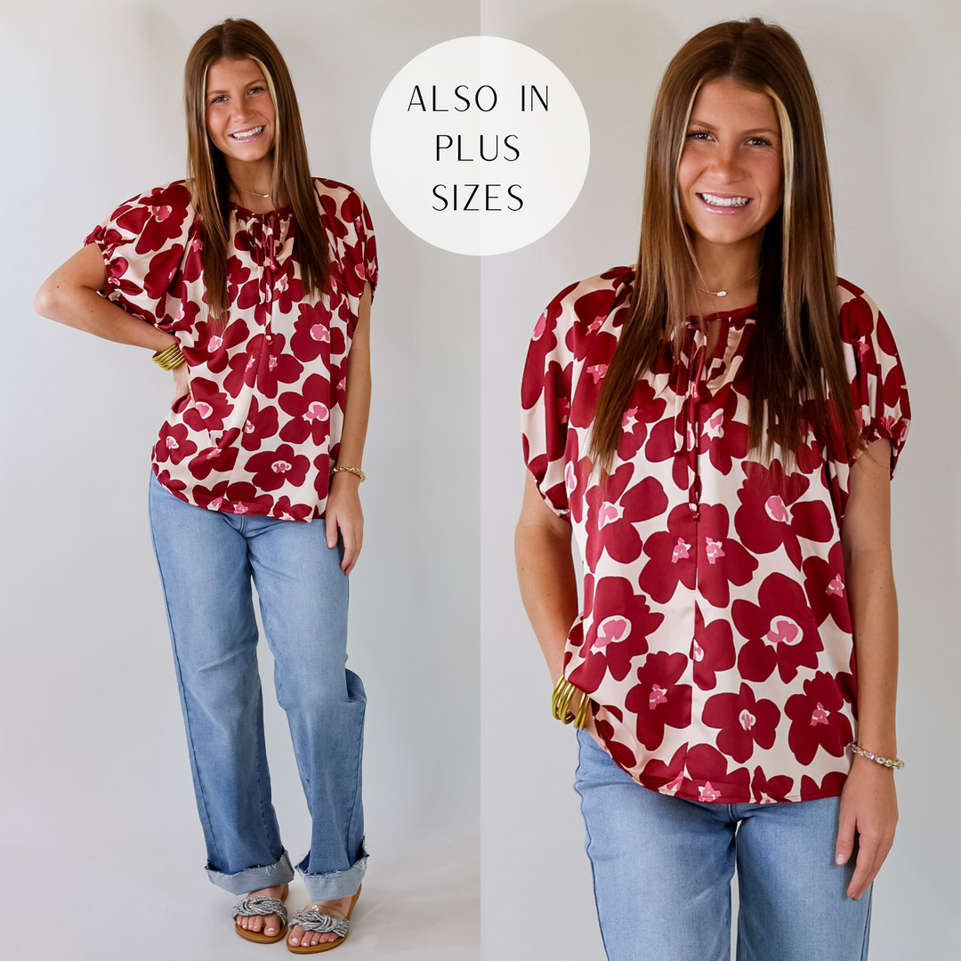 Counting Kisses Short Sleeve Floral Top with Keyhole in Maroon - Giddy Up Glamour Boutique
