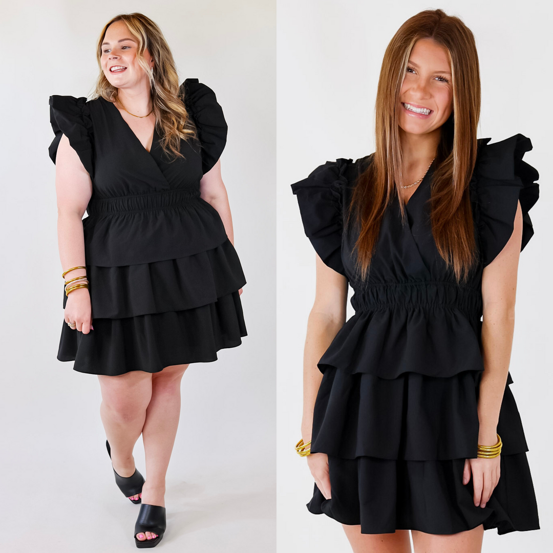 The Perfect Night Ruffle Cap Sleeve Dress in Black - Giddy Up Glamour Boutique