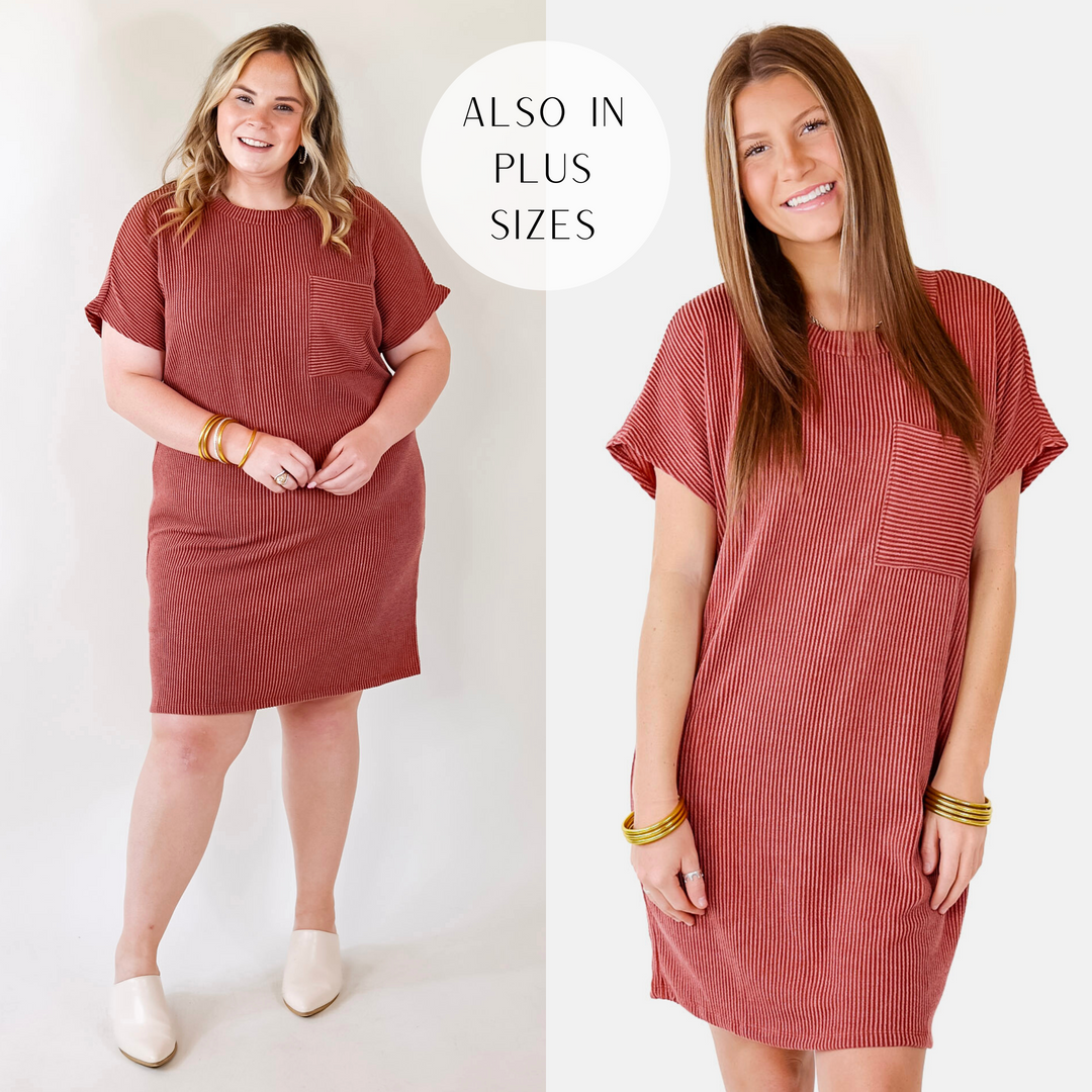Coffee and Carefree Ribbed Short Sleeve Dress with Front Pocket in Rust Red - Giddy Up Glamour Boutique
