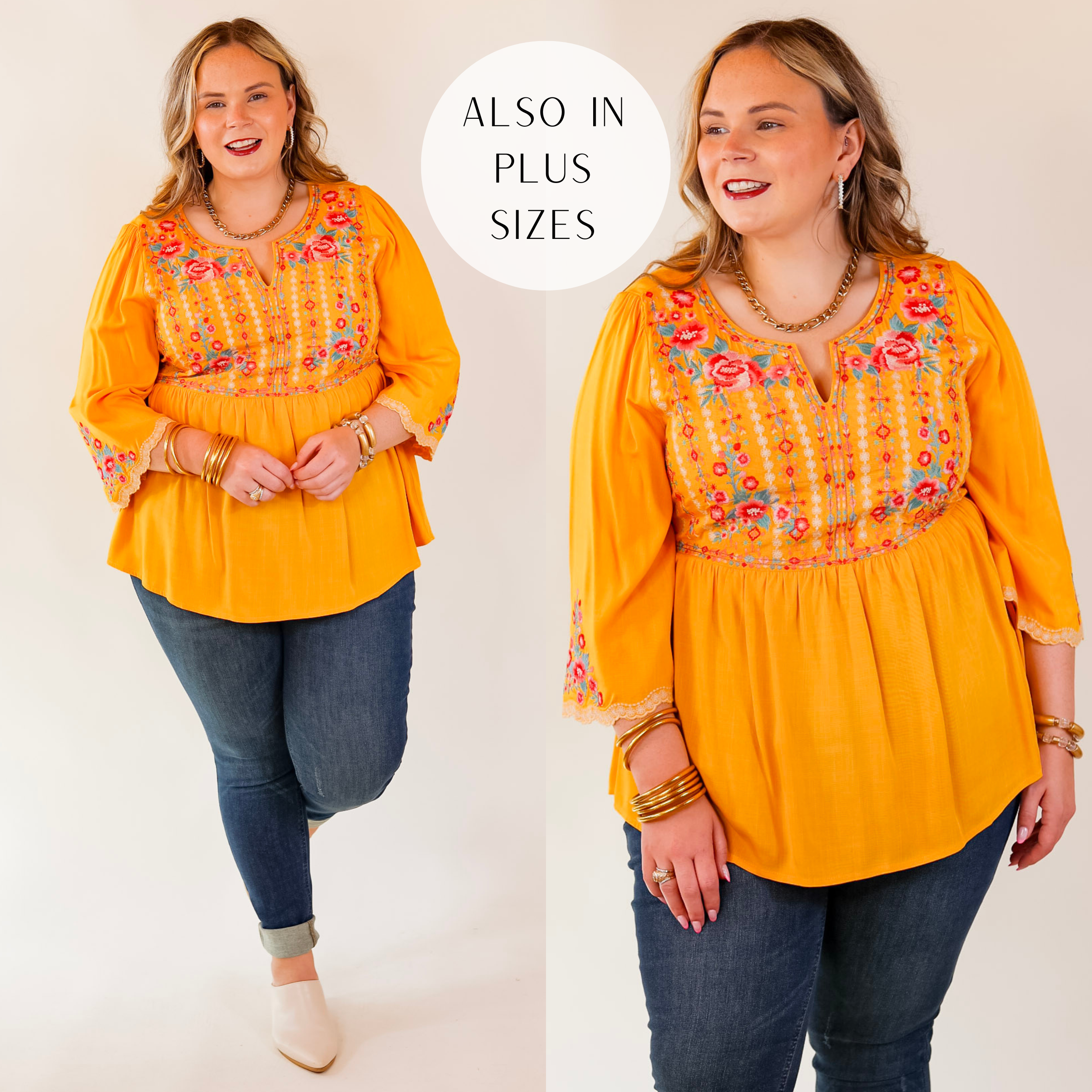 Already Mine 3/4 Bell Sleeve Embroidered Babydoll Top in Yellow