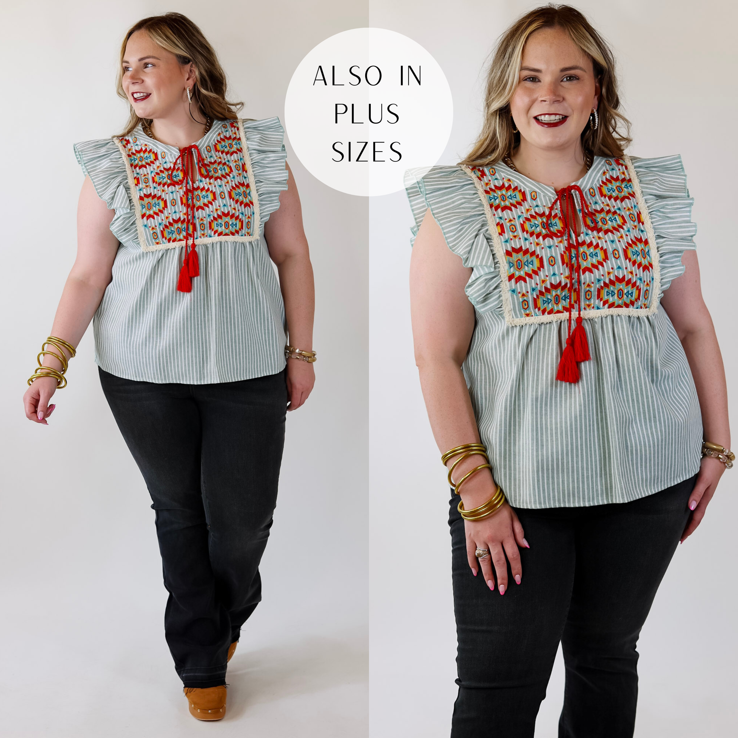 Fall Sun PinStripe Top with Aztec Print Embroidery in Sage Green - Giddy Up Glamour Boutique