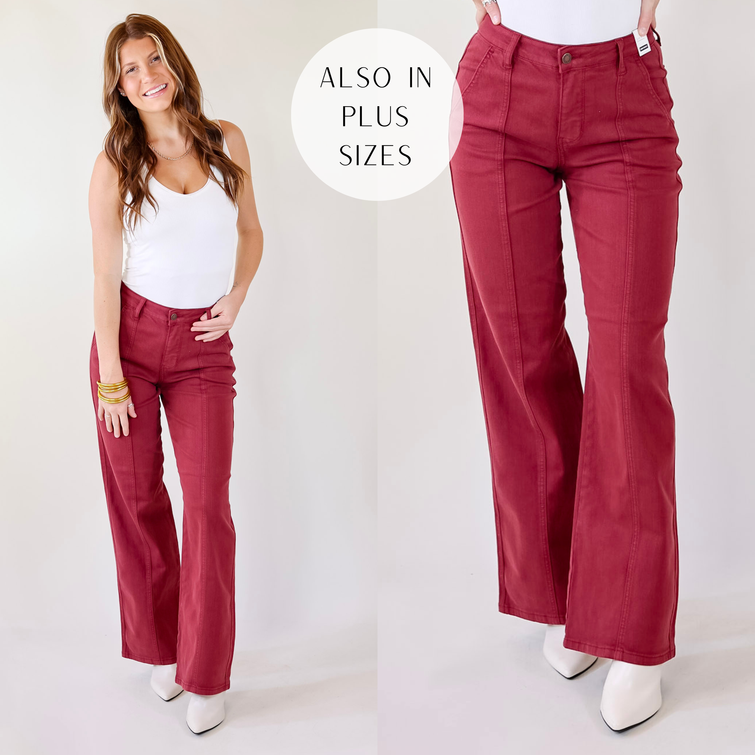 Judy Blue | Day Dreamin' Wide Leg Jeans with Front Seam in Burgundy Red