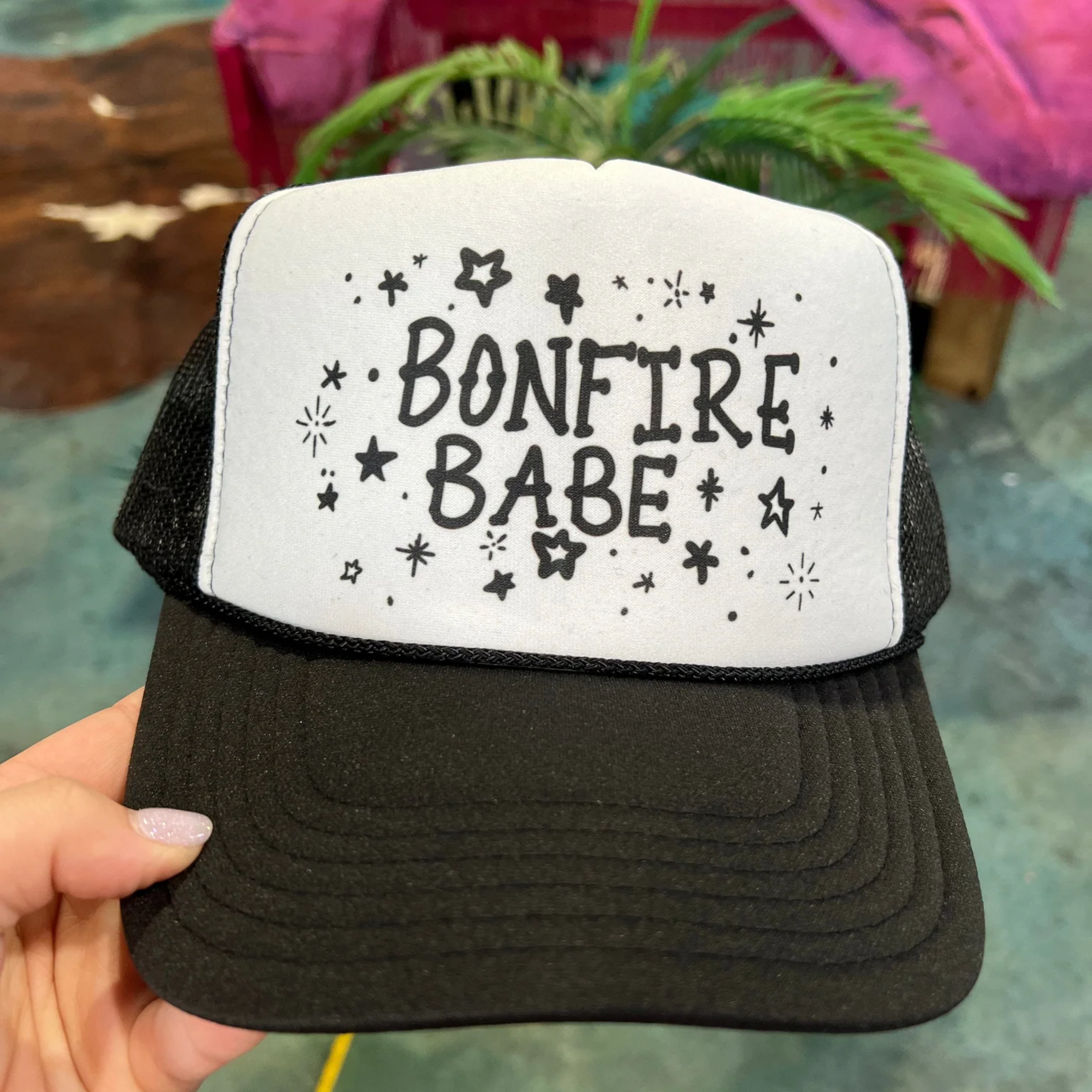 Online Exclusive | Bonfire Babe Foam Trucker Cap in Black and White - Giddy Up Glamour Boutique