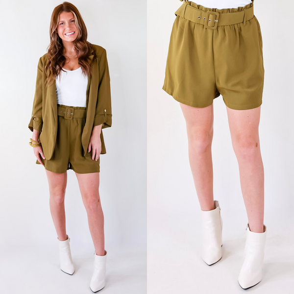 Fine Like Wine Belted Solid Shorts in Olive Green