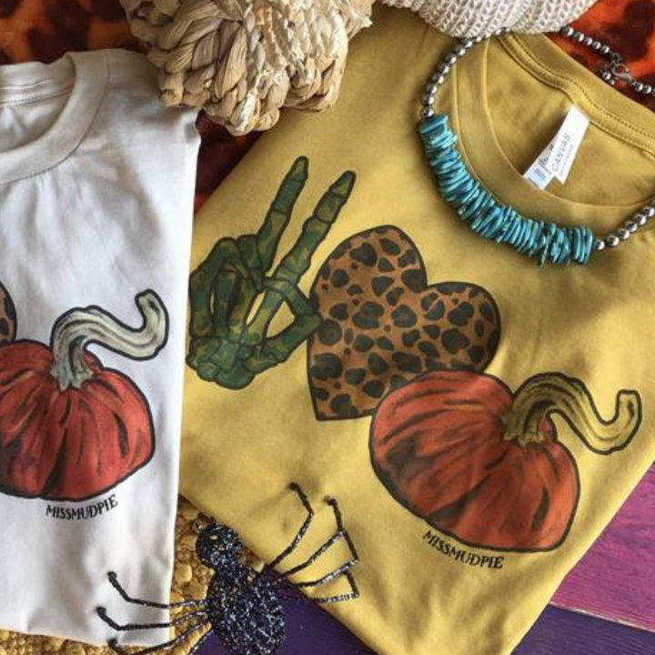Online Exclusive | Peace Love Pumpkins Short Sleeve Pumpkin Graphic Tee in Mustard Yellow - Giddy Up Glamour Boutique