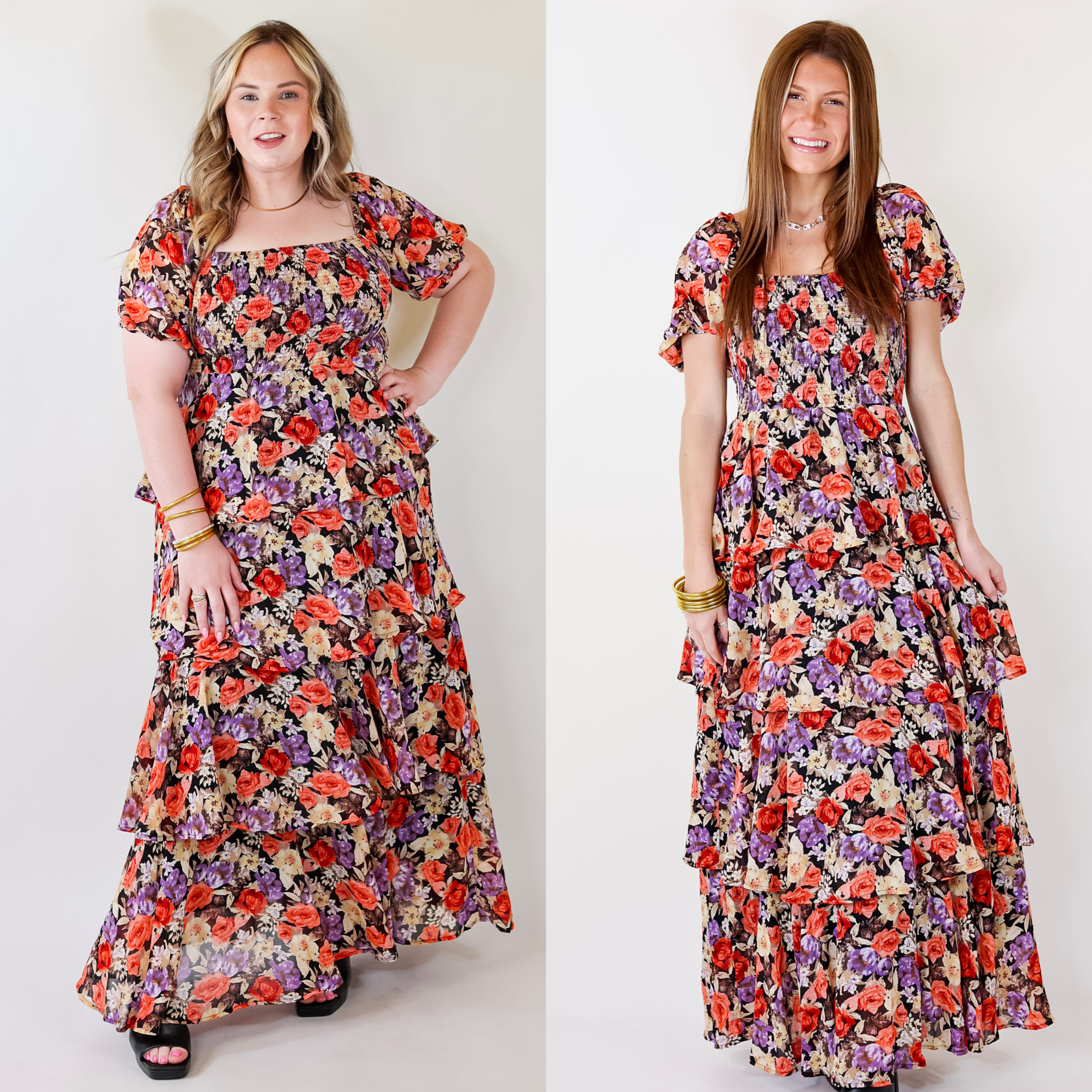 Fun Feeling Floral Tiered Maxi Dress with Smocked Balloon Sleeves in Pink Mix