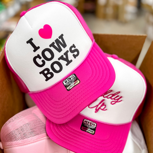 I Heart Cowboys Foam Trucker Hat in Hot Pink and White