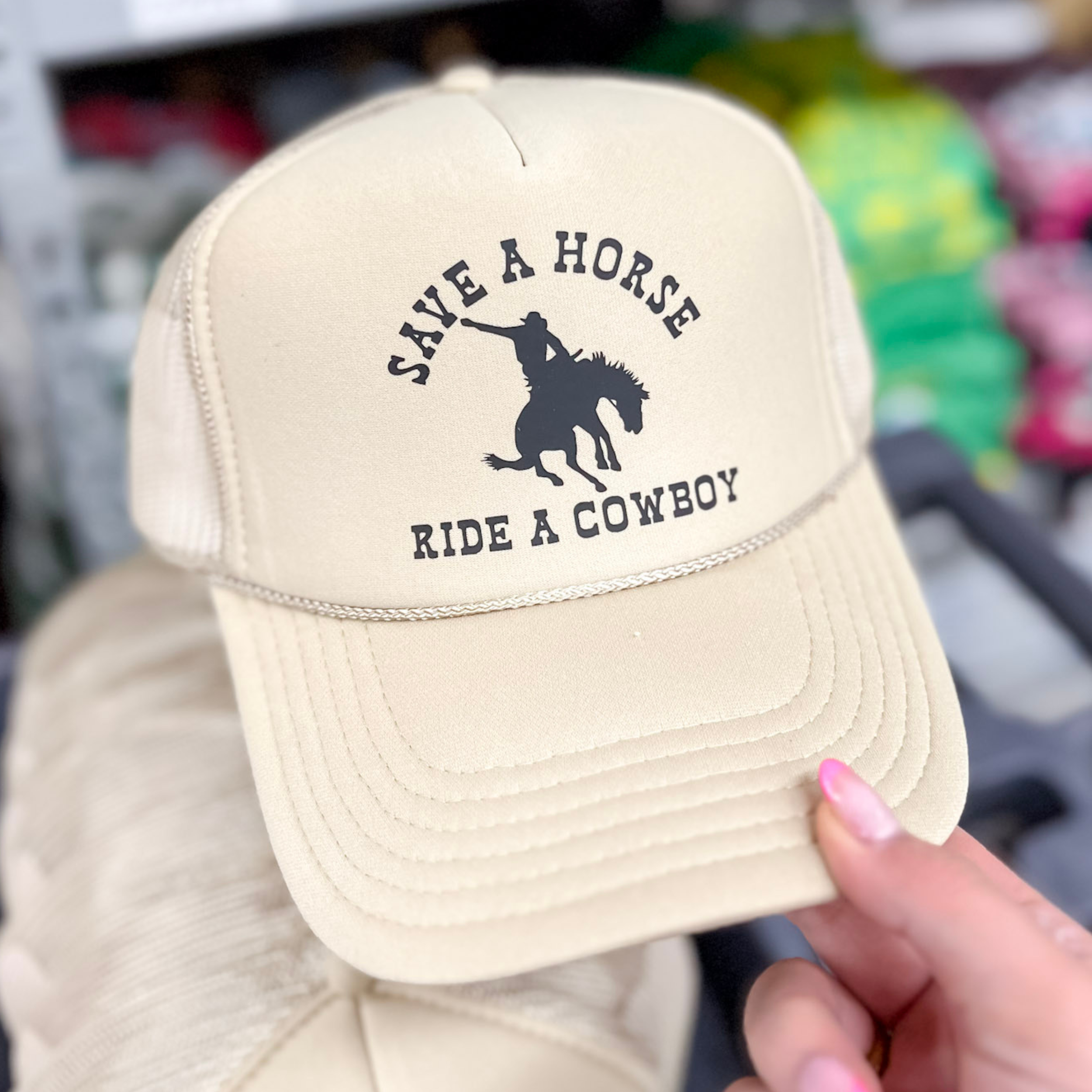 Save a Horse Foam Ride A Cowboy Trucker Hat in Tan - Giddy Up Glamour Boutique