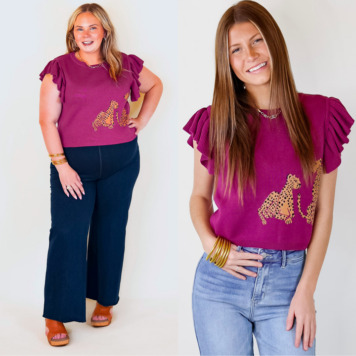 Talk This Way Cheetah Print Sweater with Ruffle Cap Sleeves in Plum Purple - Giddy Up Glamour Boutique