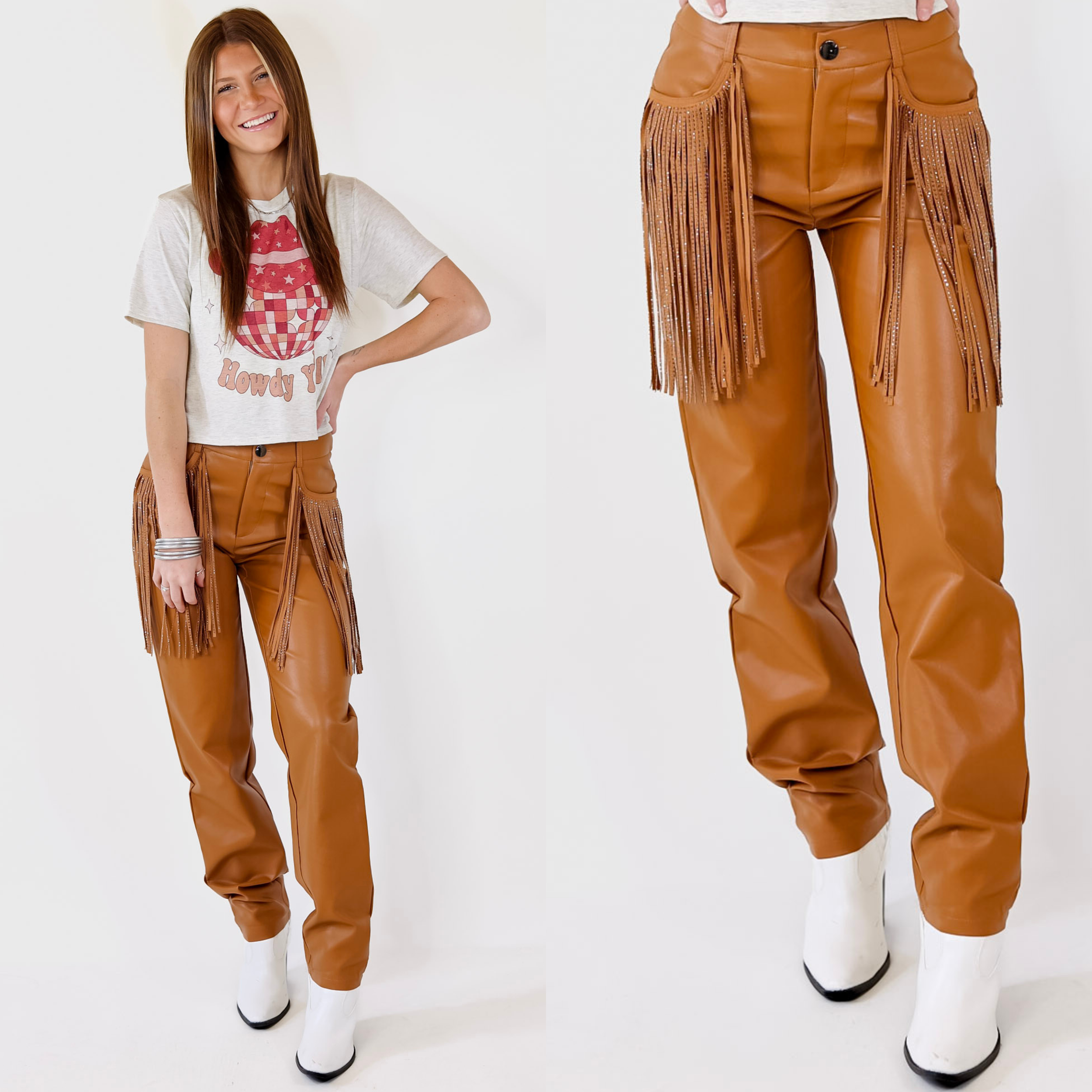Model is wearing a pair of brown faux leather pants with a straight leg fit and crystal fringe lining the front pockets.