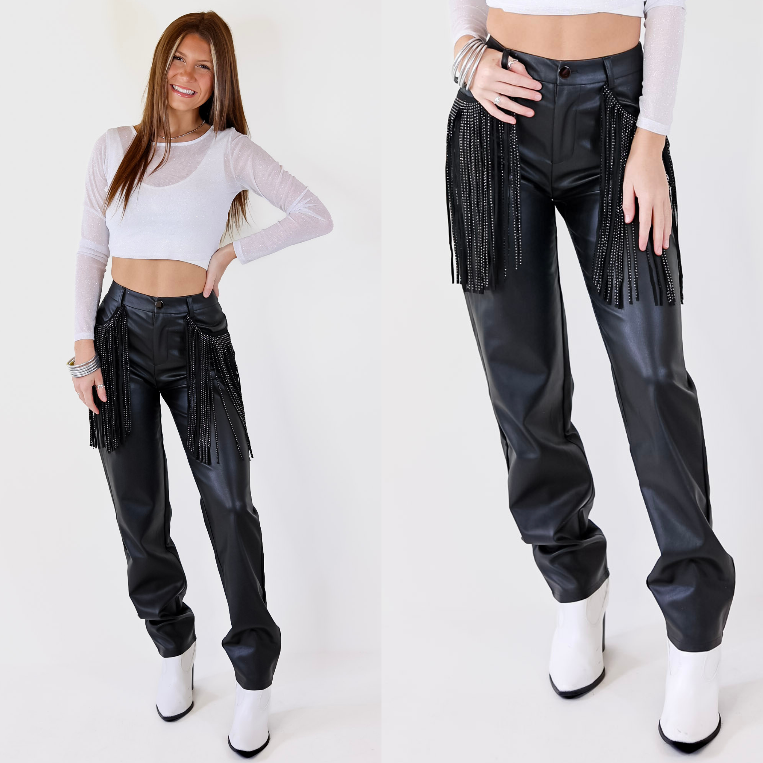 Ready Up Crystal Fringe Faux Leather Pants in Black