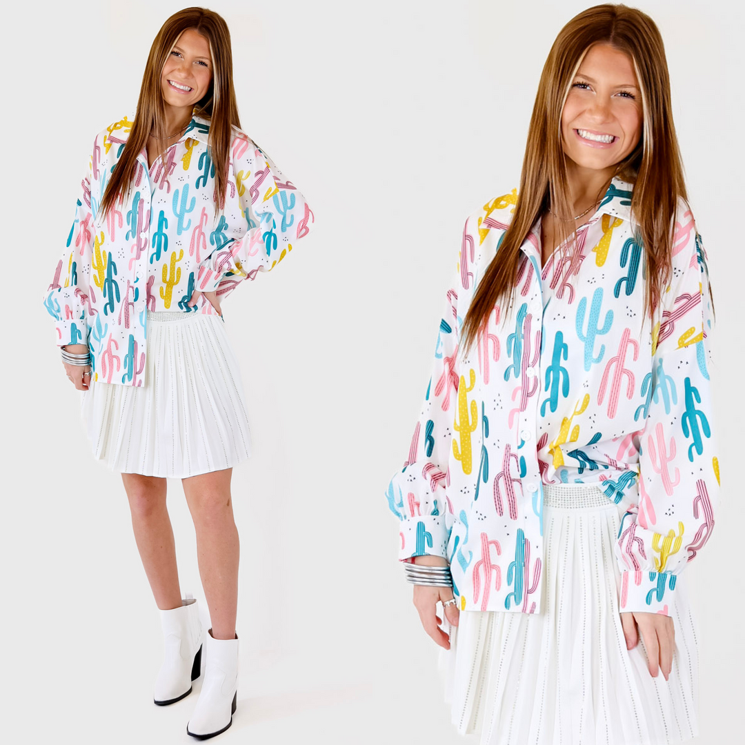 The Cowgirl Way Button Up Cactus Print Top in White - Giddy Up Glamour Boutique