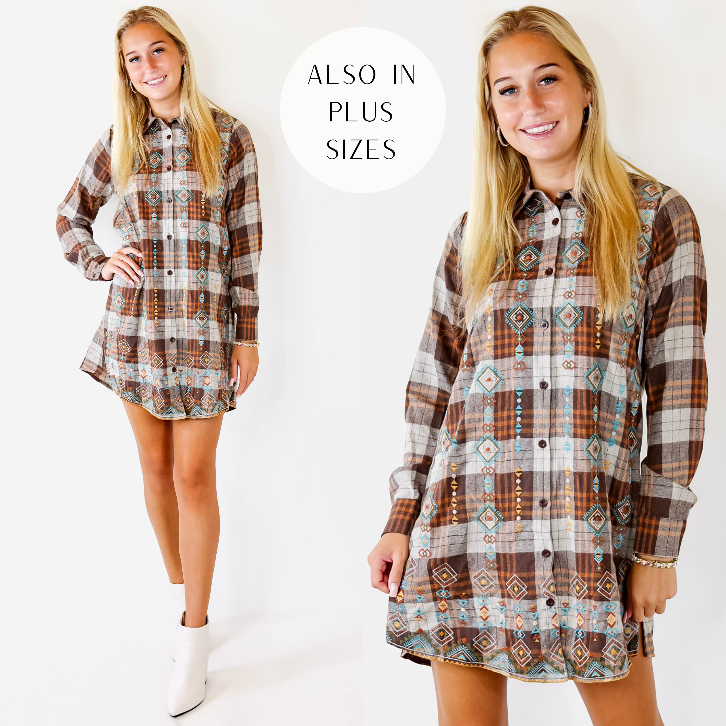 Loving In Layers Tribal Embroidered Plaid Button Up Dress in Brown Mix - Giddy Up Glamour Boutique