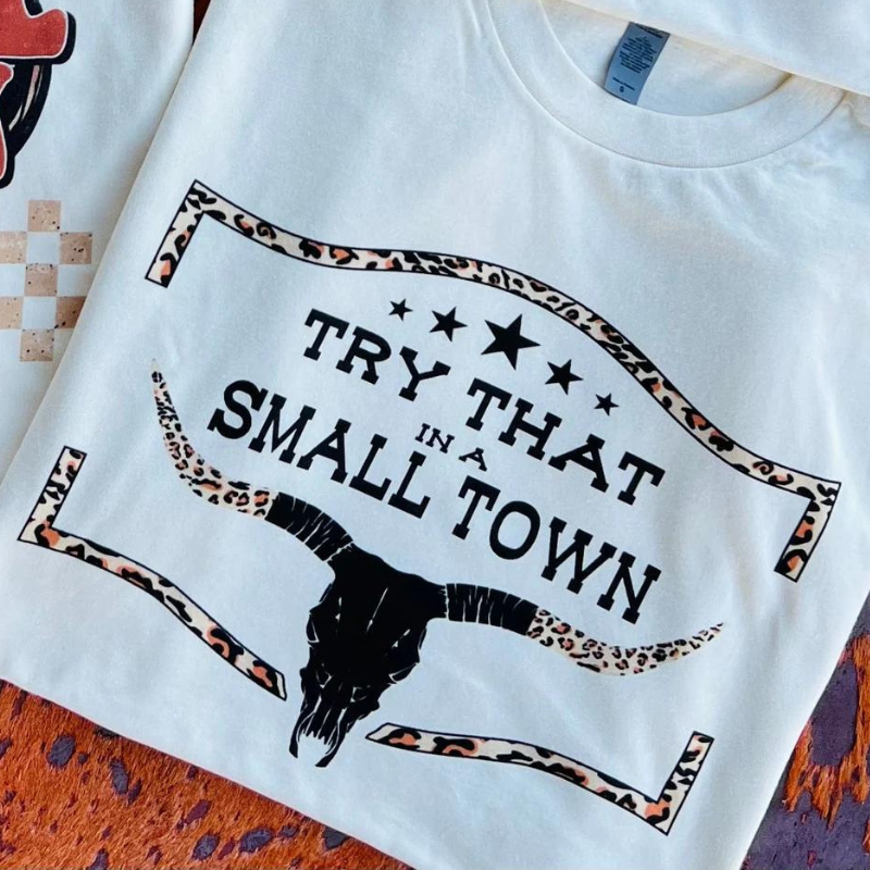 Online Exclusive | Try That In A Small Town Bull Skull With Leopard Print Short Sleeve Graphic Tee in Cream - Giddy Up Glamour Boutique