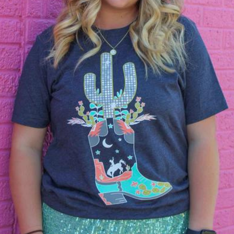 Online Exclusive | Disco Cowgirl Short Sleeve Graphic Tee in Blue - Giddy Up Glamour Boutique