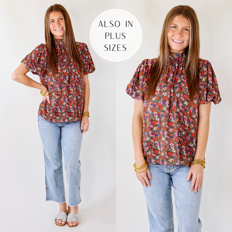 All Day Divine Mock Neck Floral Short Sleeve Top with Tie Back - Giddy Up Glamour Boutique