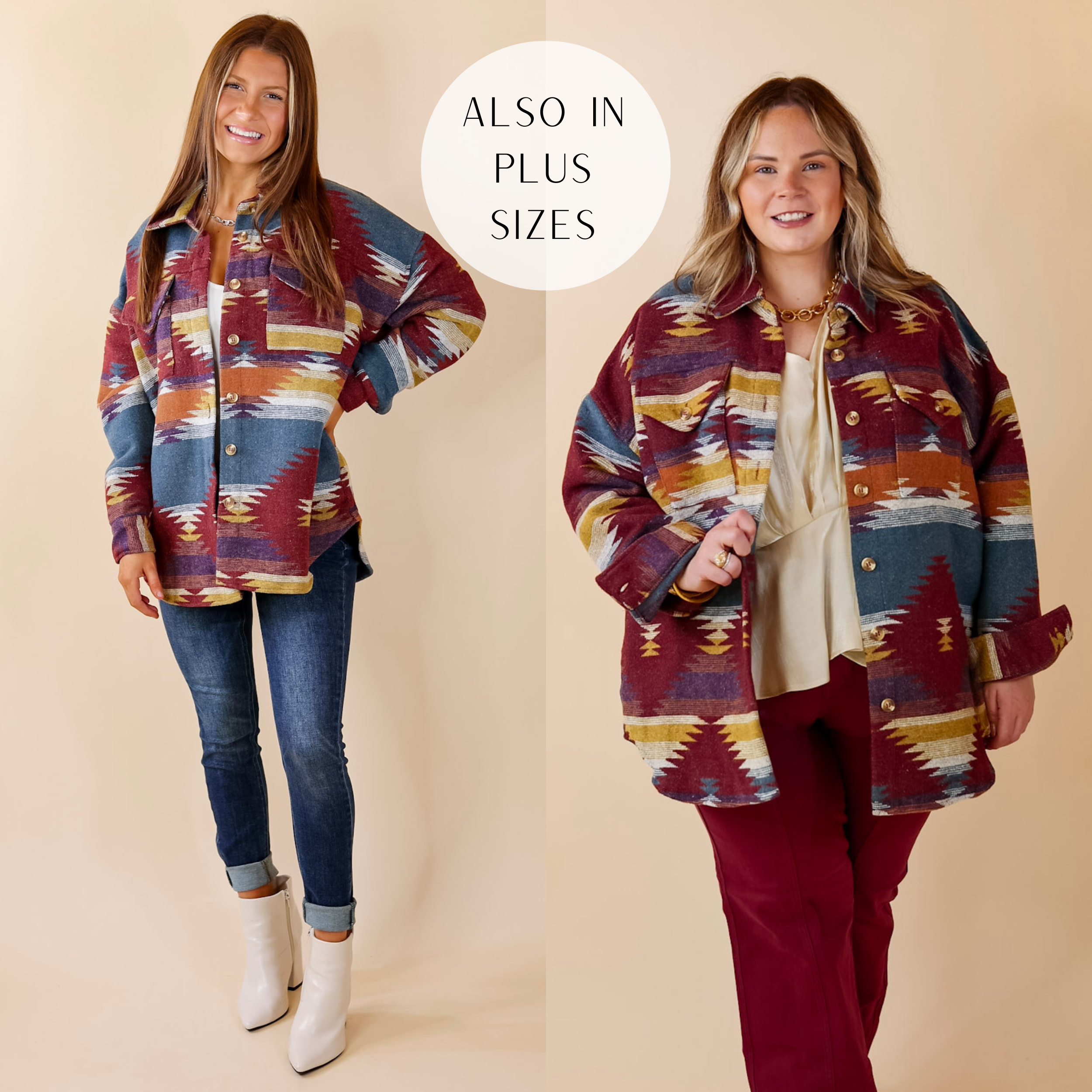 Model is wearing a blue and maroon mix aztec print jacket that has long sleeves, a collar, and buttons up. Model has paired the jacket with a cream colored top, maroon pants, white booties, and gold tone jewelry.