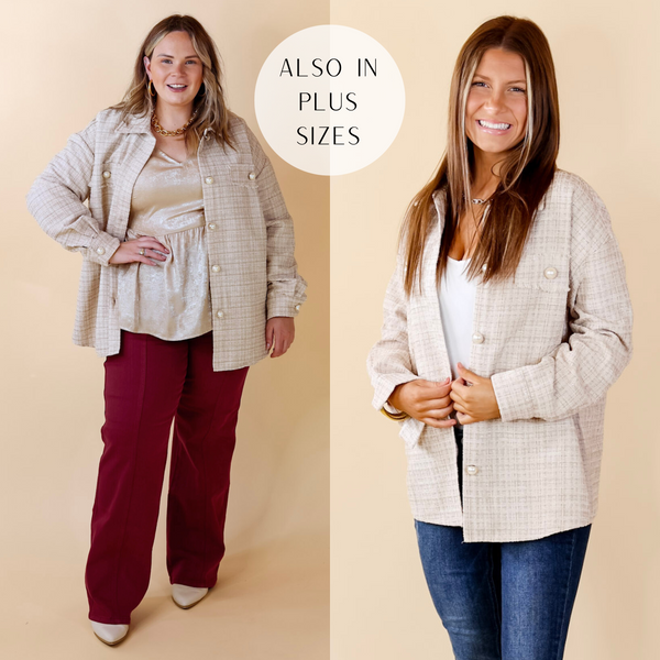 Model is wearing a champagne colored button up tweed shacket. Model has paired the shacket with burgundy pants, white booties, a cream colored top, an gold tone jewelry.