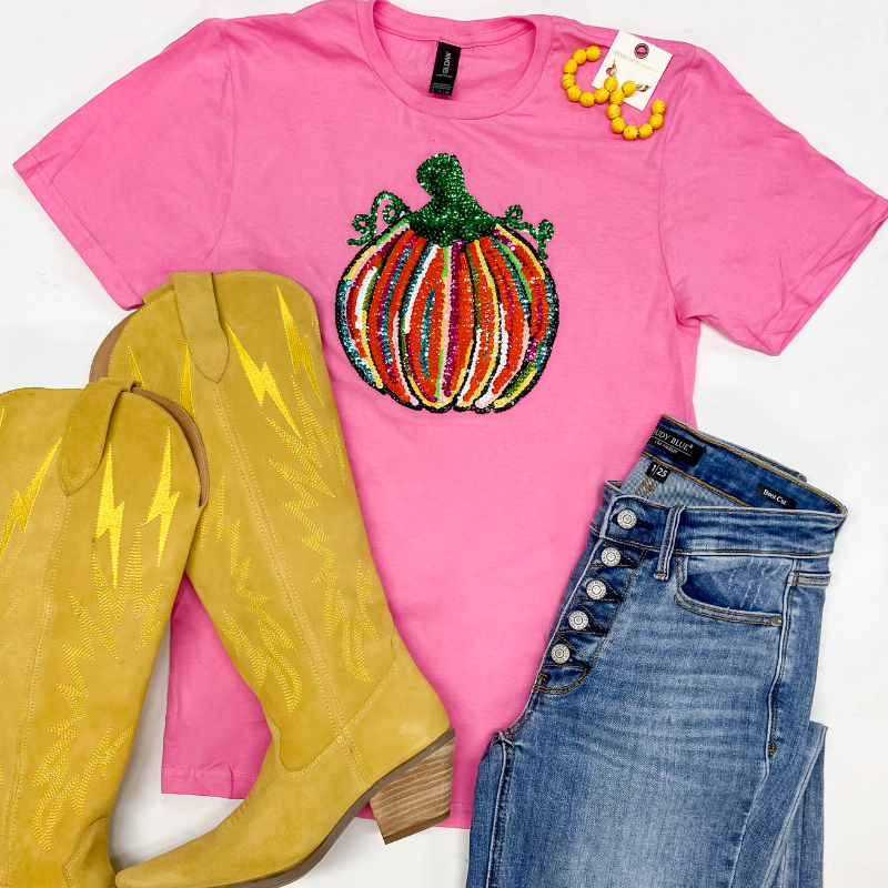 The Great and Colorful Pumpkin Sequin Patch Short Sleeve Graphic Tee in Pink - Giddy Up Glamour Boutique