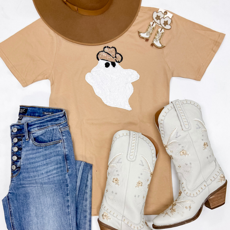 Hauntingly Sparkly Ghost Sequin Patch Short Sleeve Graphic Tee in Brown - Giddy Up Glamour Boutique