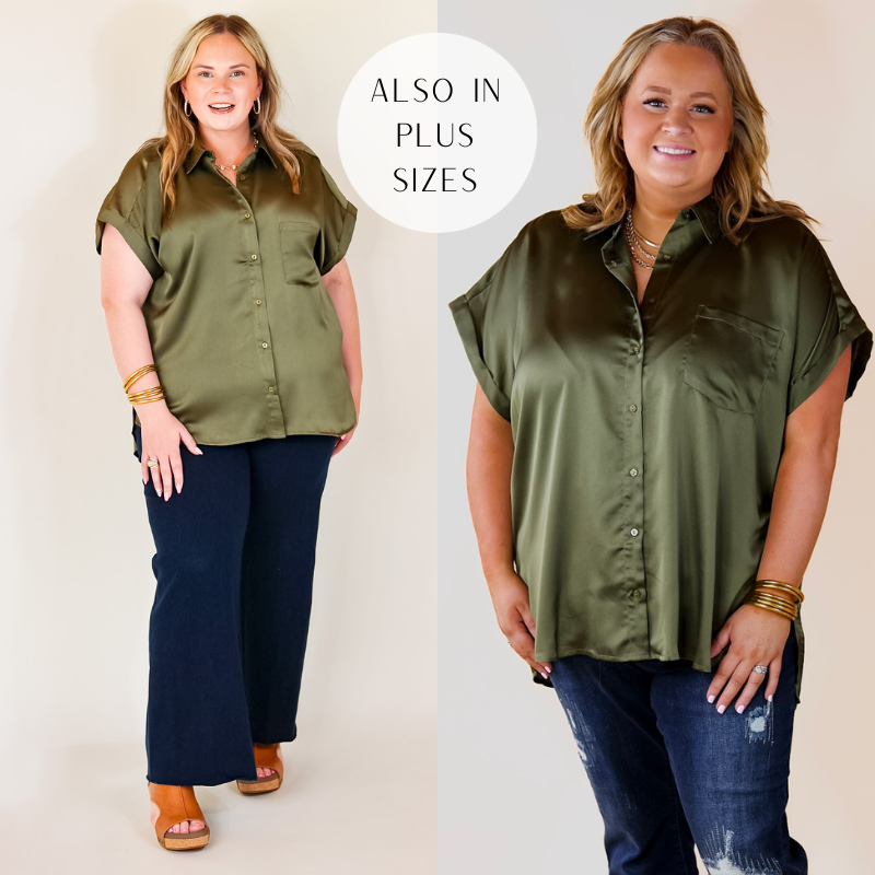Model is wearing an olive green button up top with a collared neckline and short sleeves. Model has it paired with dark wash jeans, tan wedges, and gold jewelry.