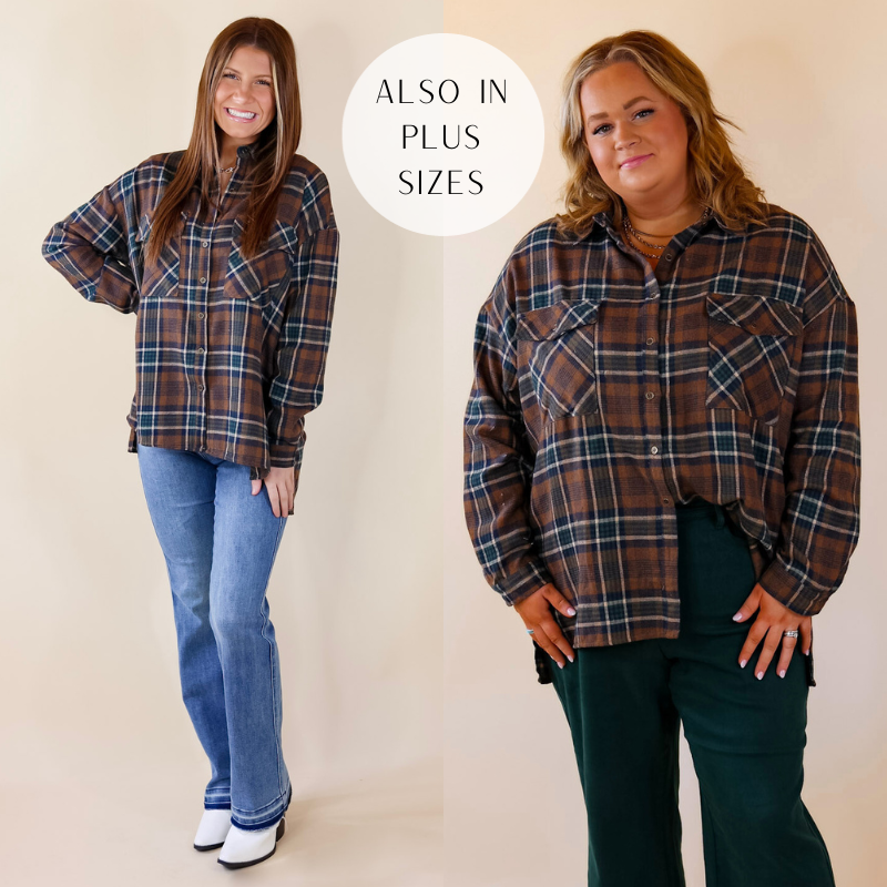 Model is wearing a brown plaid button up flannel top. Model has it paired with bootcut jeans, white booties, and silver jewelry.