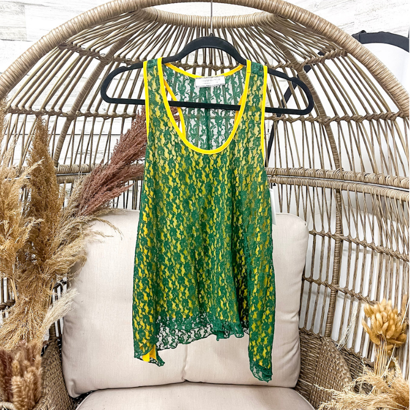 Lace Tank Top in Green and Yellow - Giddy Up Glamour Boutique