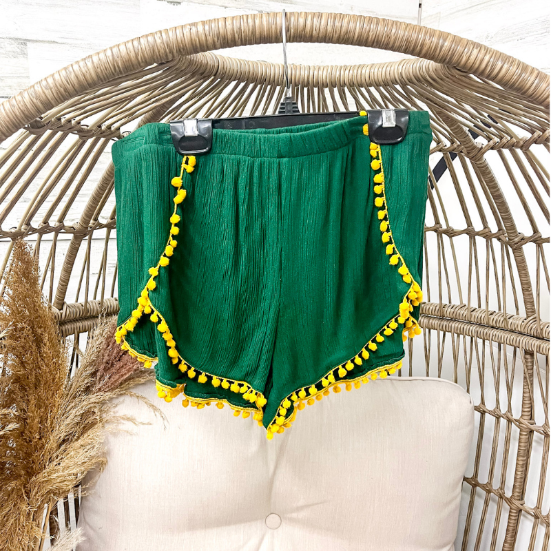 Pom Pom Shorts in Green and Yellow - Giddy Up Glamour Boutique