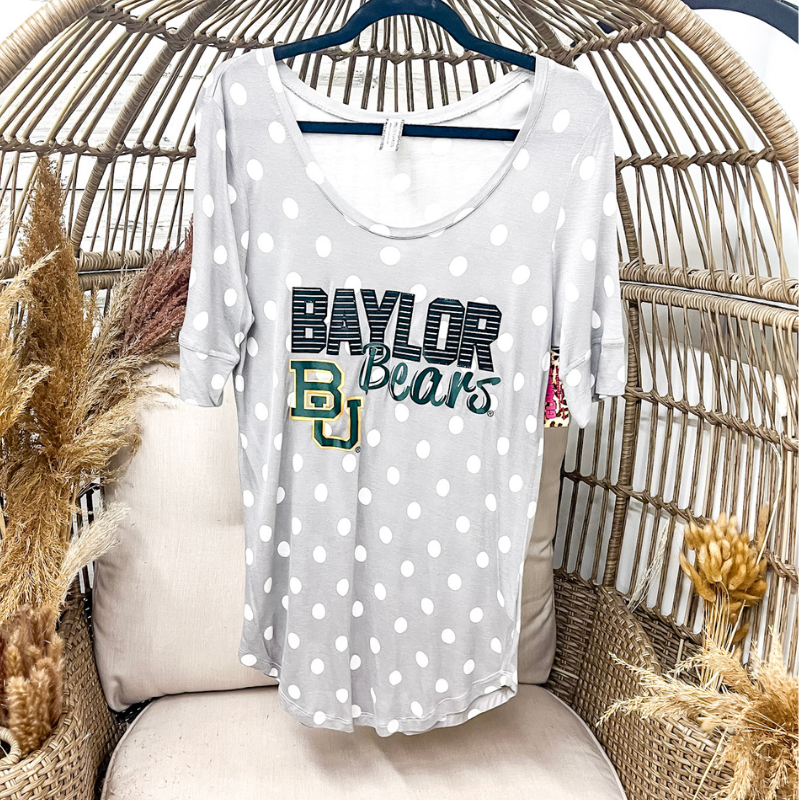 Last Chance Size Small & 2XL | Spotted Baylor Bears Top in Gray - Giddy Up Glamour Boutique