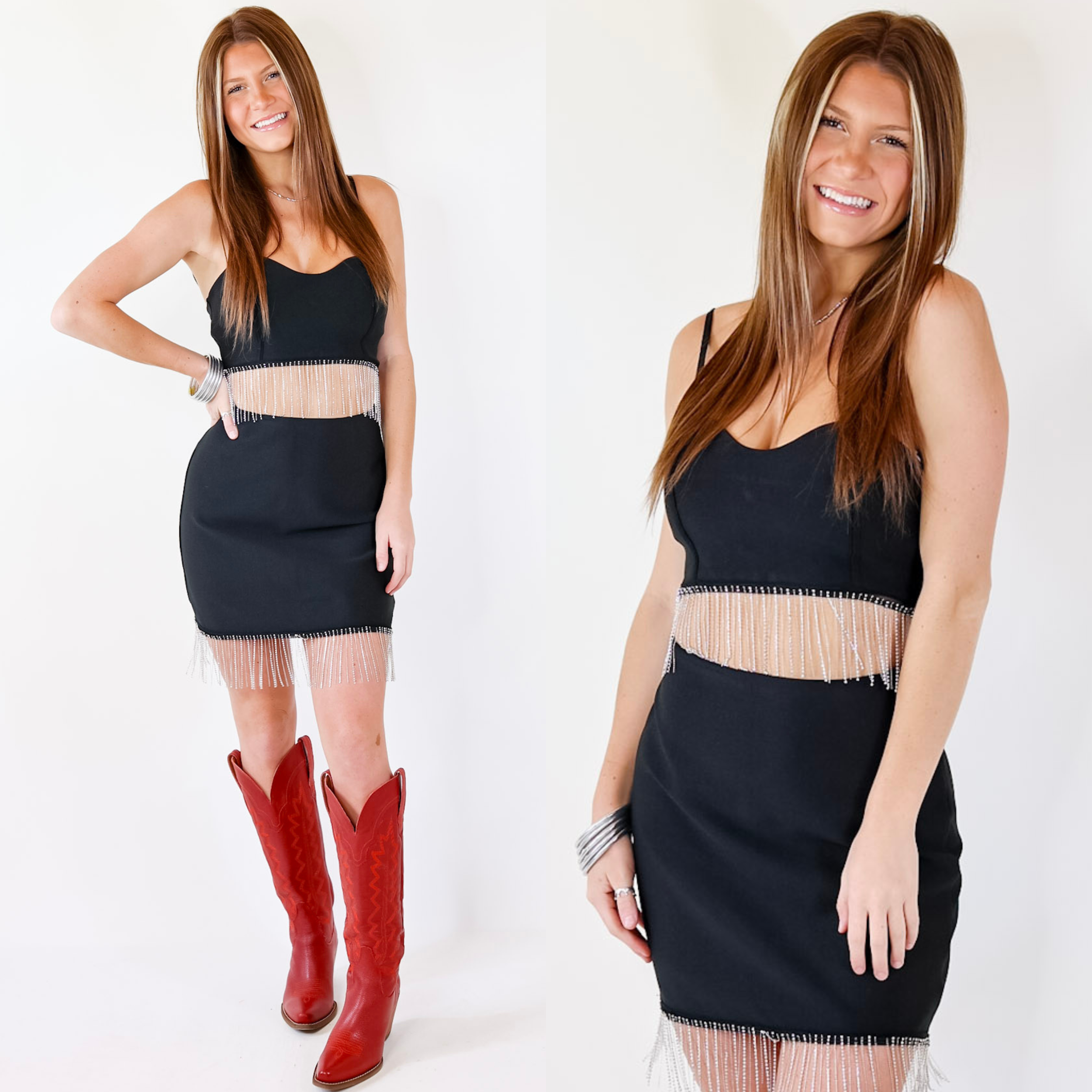 Model is wearing a black crop top with spaghetti straps and crystal fringe. Model has this top paired with a matching skirt, red boots, and silver jewelry.