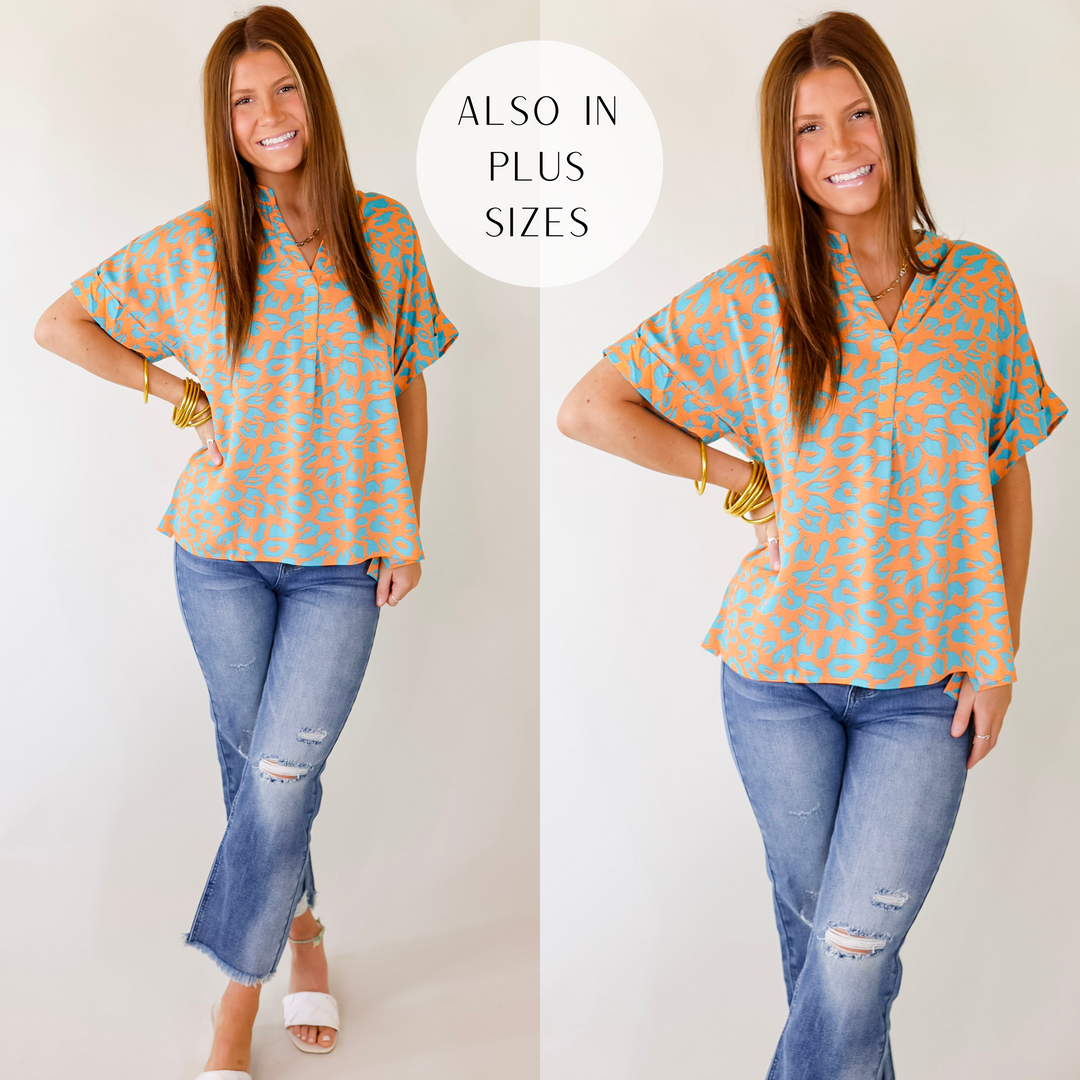 Bold and Beautiful V Neck Teal Leopard Print Top in Orange - Giddy Up Glamour Boutique