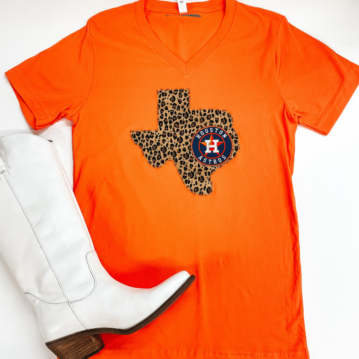 Astros Game Day | Houston Astros Leopard Print Texas Short Sleeve Graphic Tee in Orange - Giddy Up Glamour Boutique