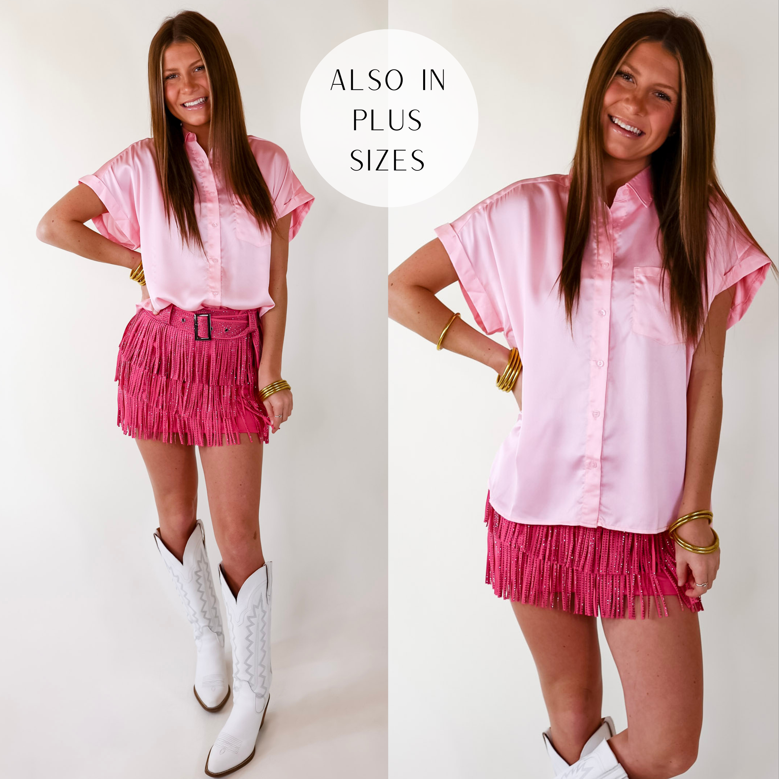 Model is wearing a button down top with short sleeves in light pink with a white background.