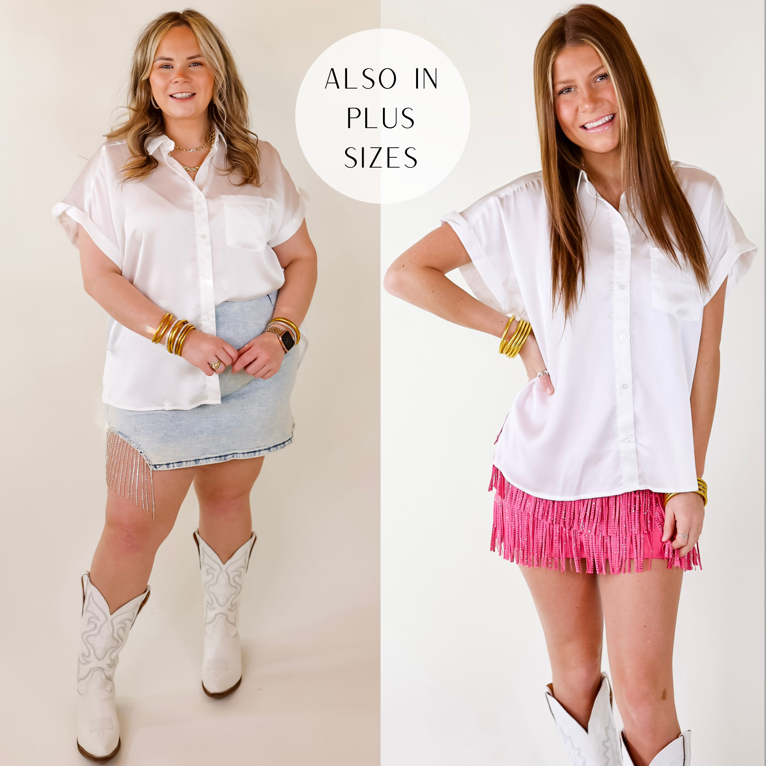 Model is wearing a button down collared short sleeve shirt in white with a white background.