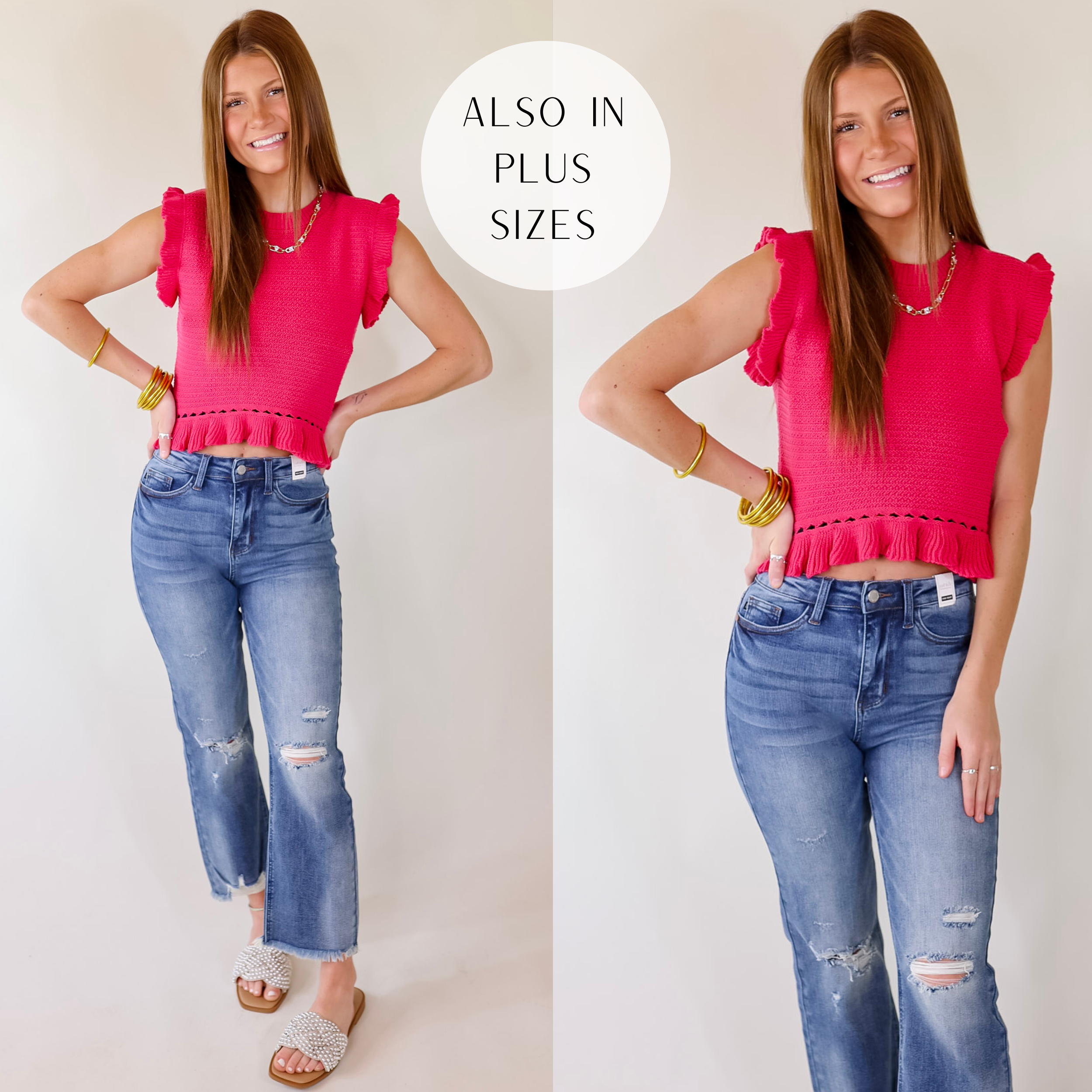 Model is wearing a hot pink cropped knit tank featuring, ruffle sleeves, ruffle hem, high neck, and a cut out design near the hem.