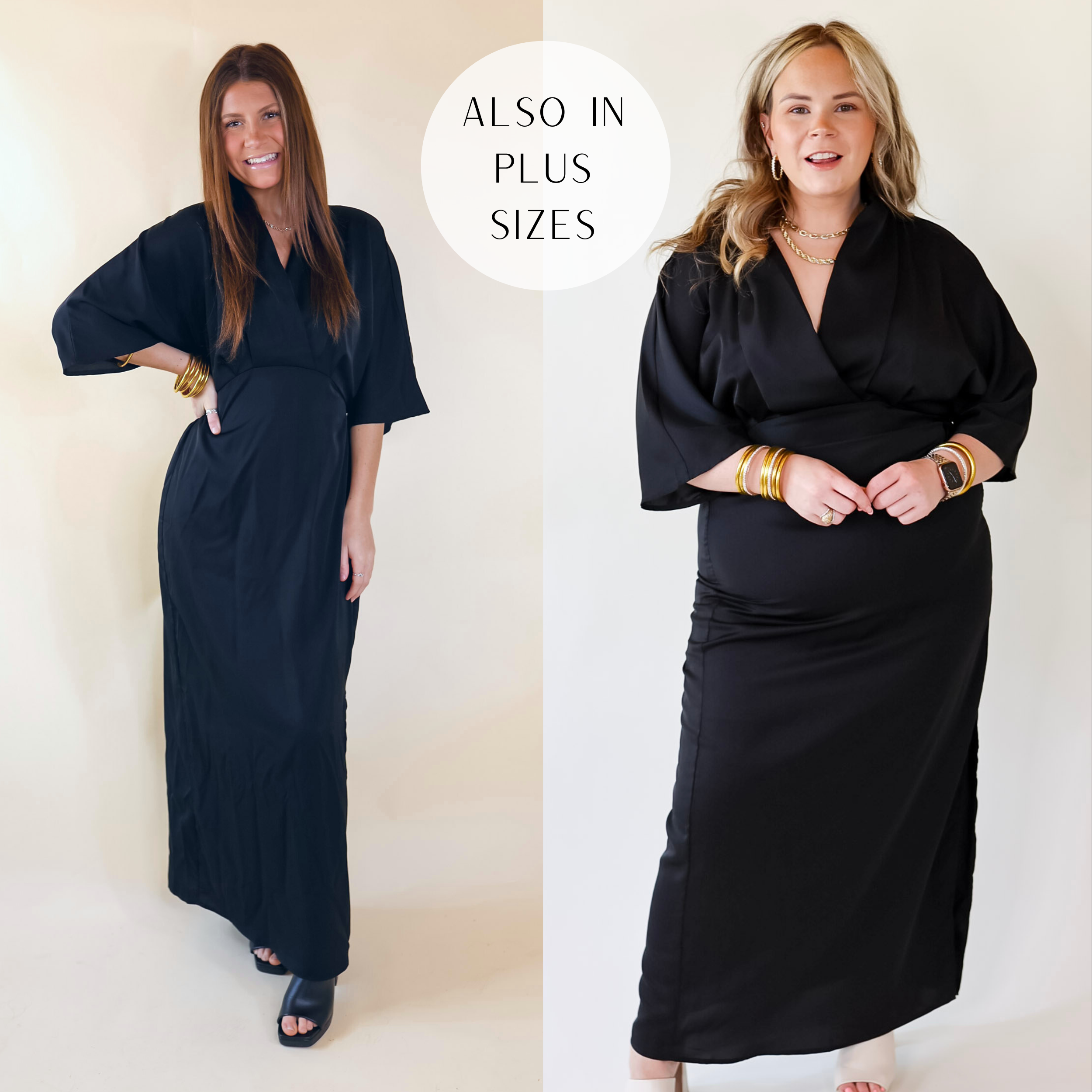 Models are wearing a black silky maxi dress featuring half sleeves, a leg slit, and a cross front.