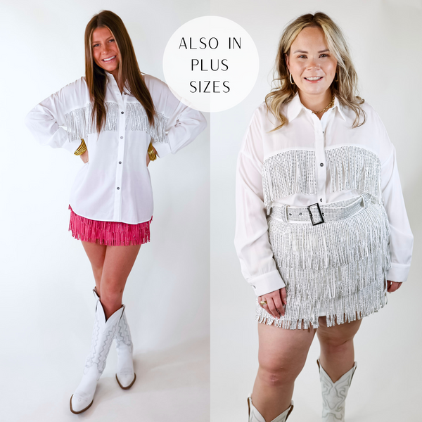 Models are wearing a white long sleeve collared button up with crystal fringe across the front of the chest.
