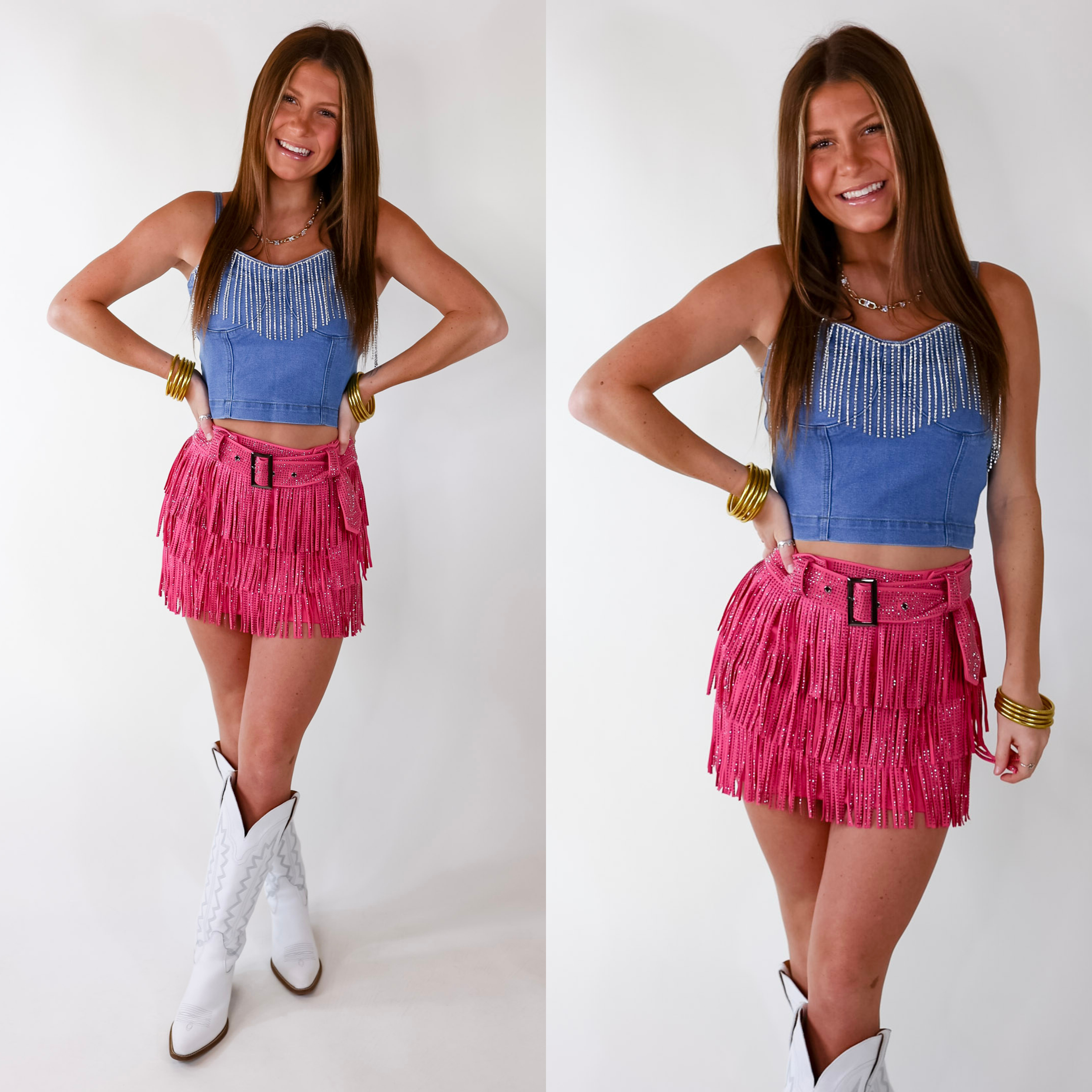 Model is wearing a cropped denim top featuring crystal fringe across the bust and spaghetti straps.