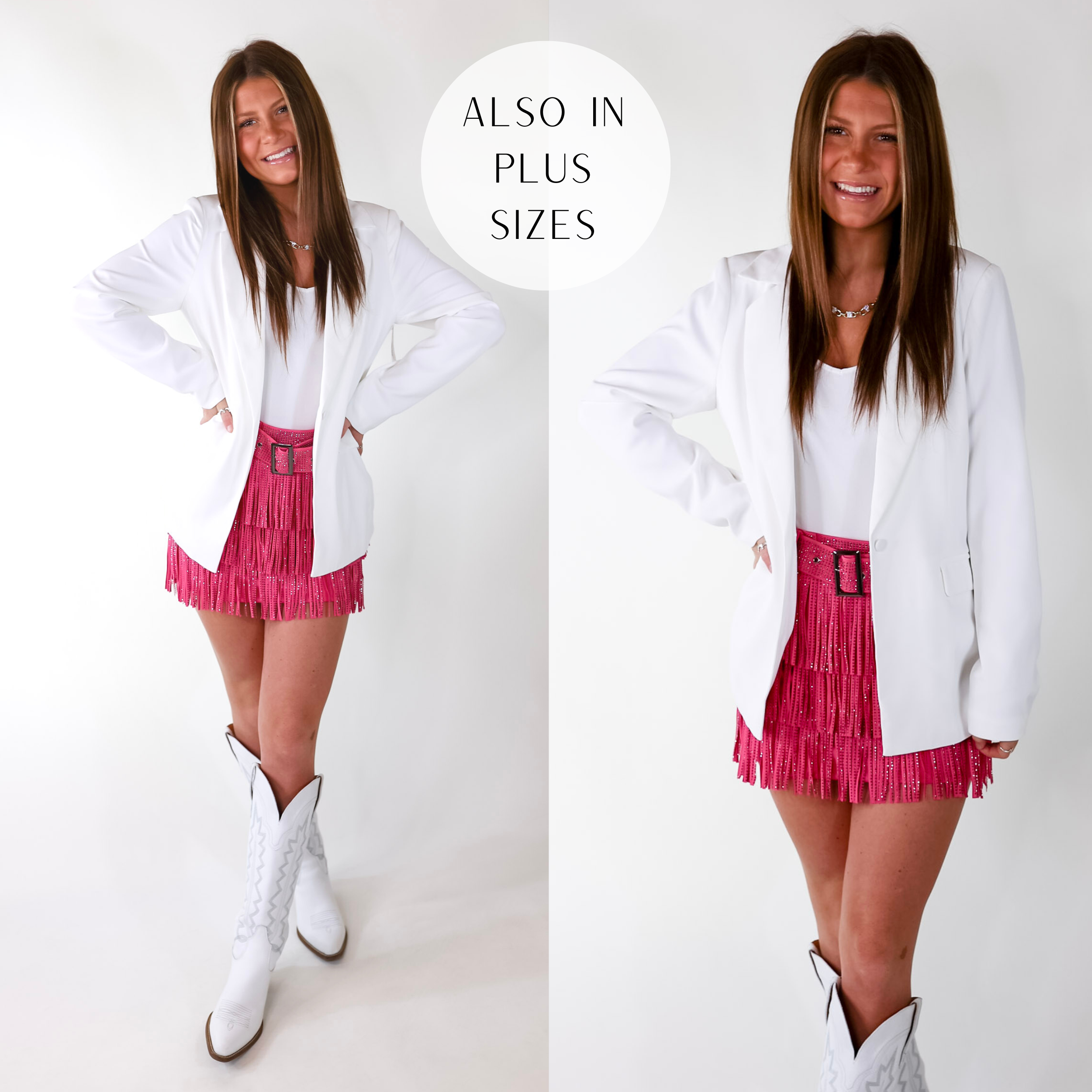 Model is wearing a solid white blazer with long sleeves and pockets.