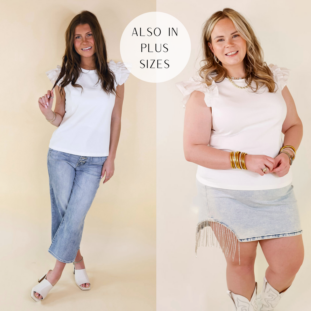 Models are wearing a short sleeve ivory colored top with ruffle cap sleeves.