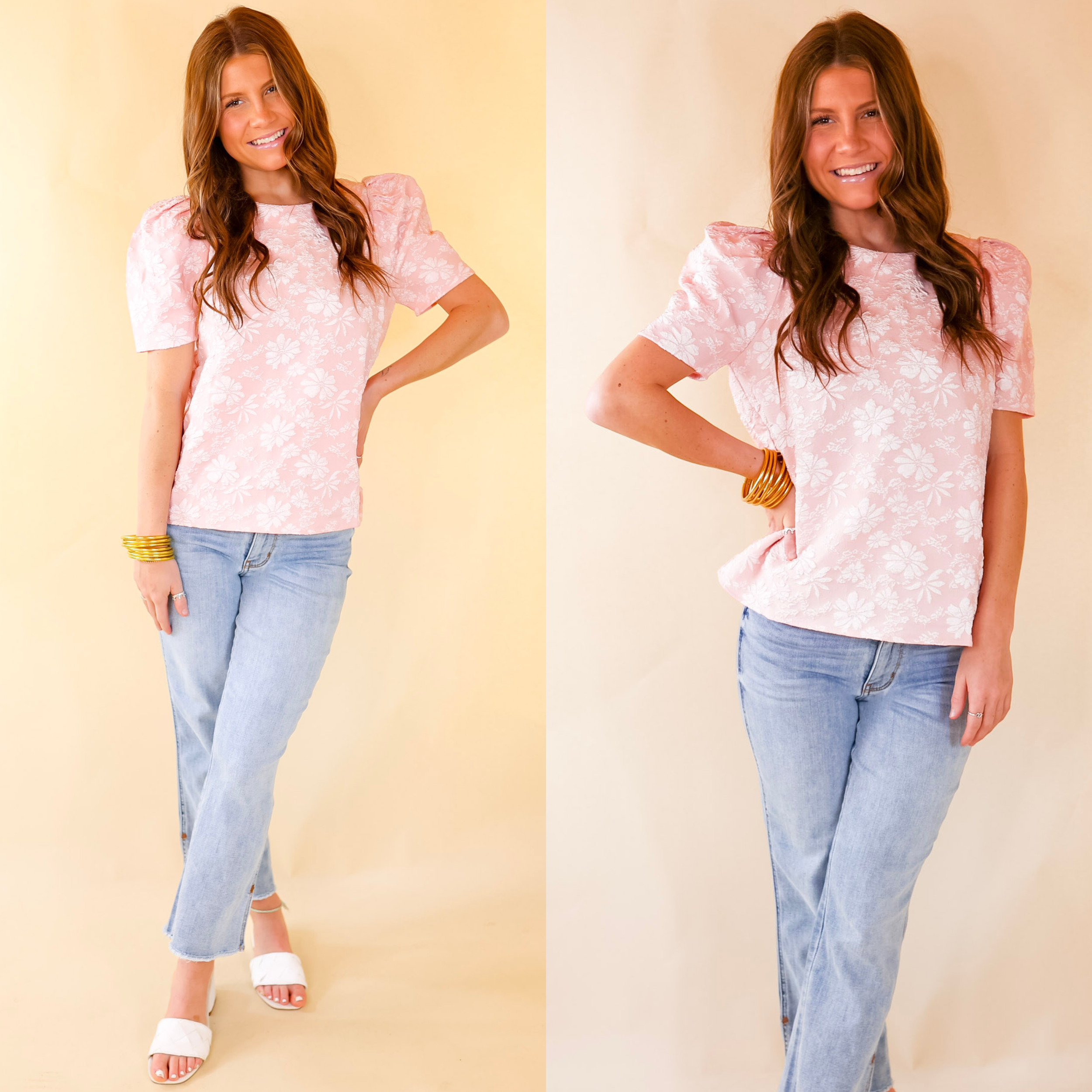 Fab Feeling Puff Shoulder Floral Embossed Top in Light Pink - Giddy Up Glamour Boutique