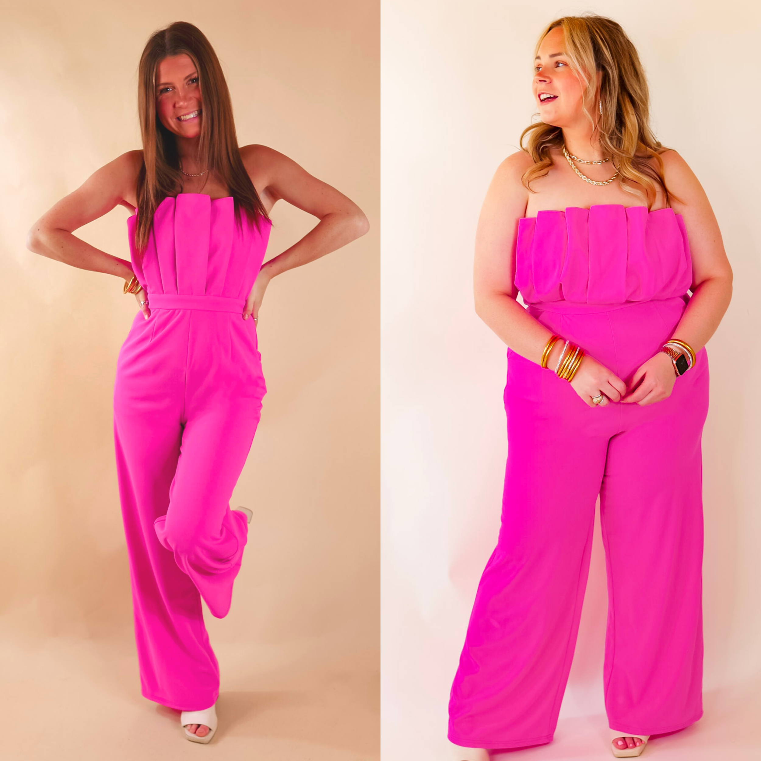 Models are wearing a pink sleeveless jumpsuit featuring a plated bodice.