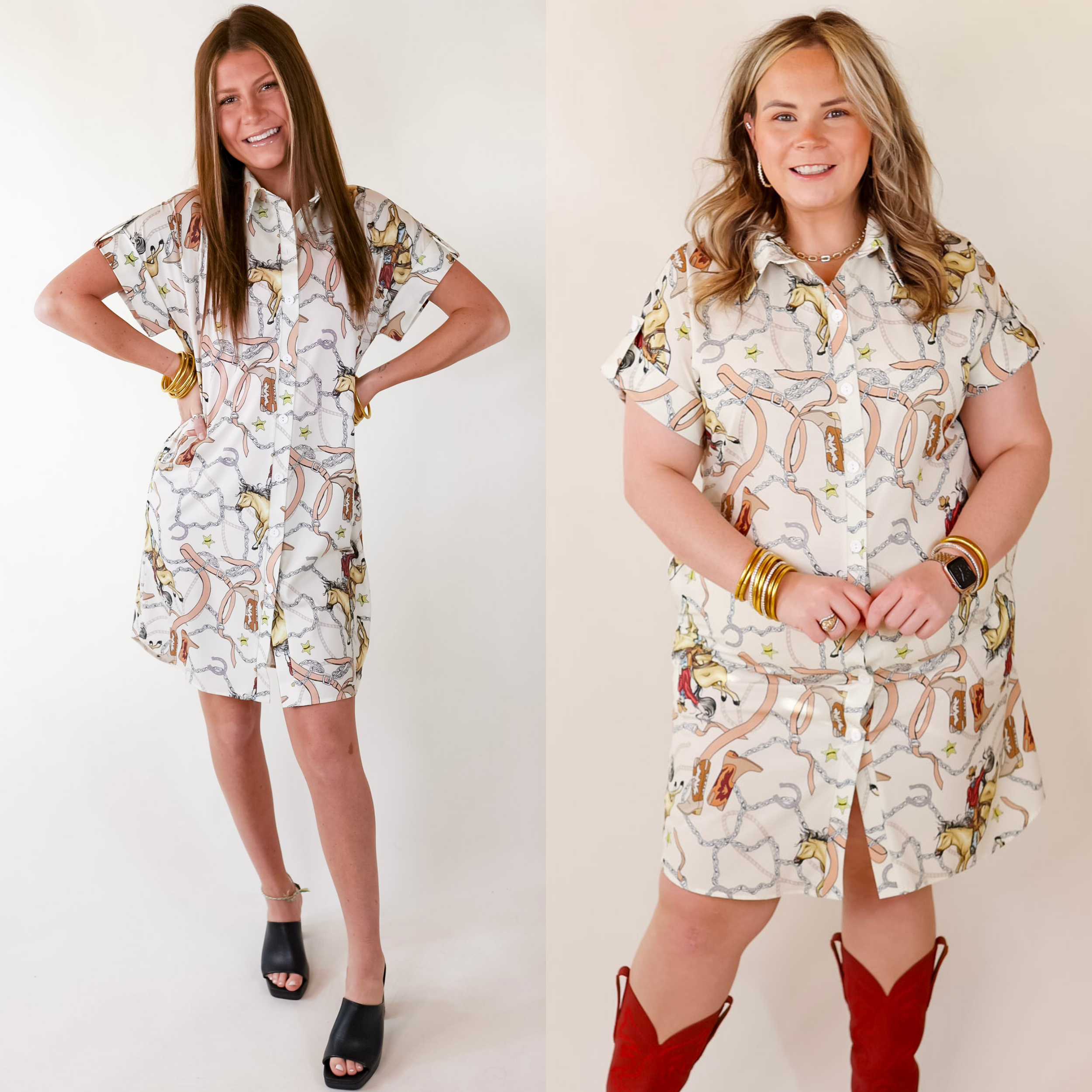 Models are wearing a collared button up dress featuring a cowboy print consisting of cowboy boots, sheriff badges, belts, boots, and horses
